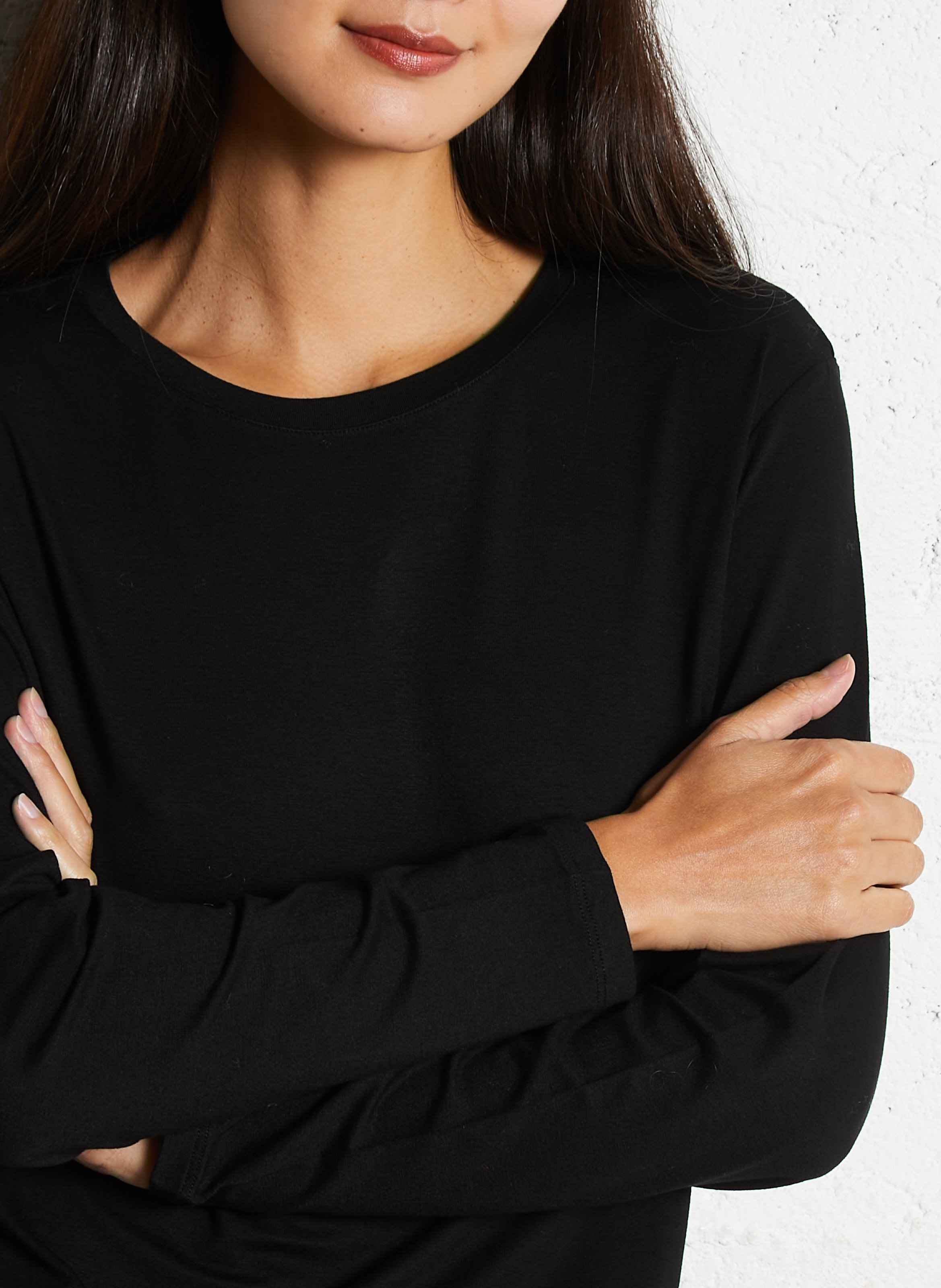 Tee-shirt manches longues col rond uni MAJESTIC FILATURES Noir