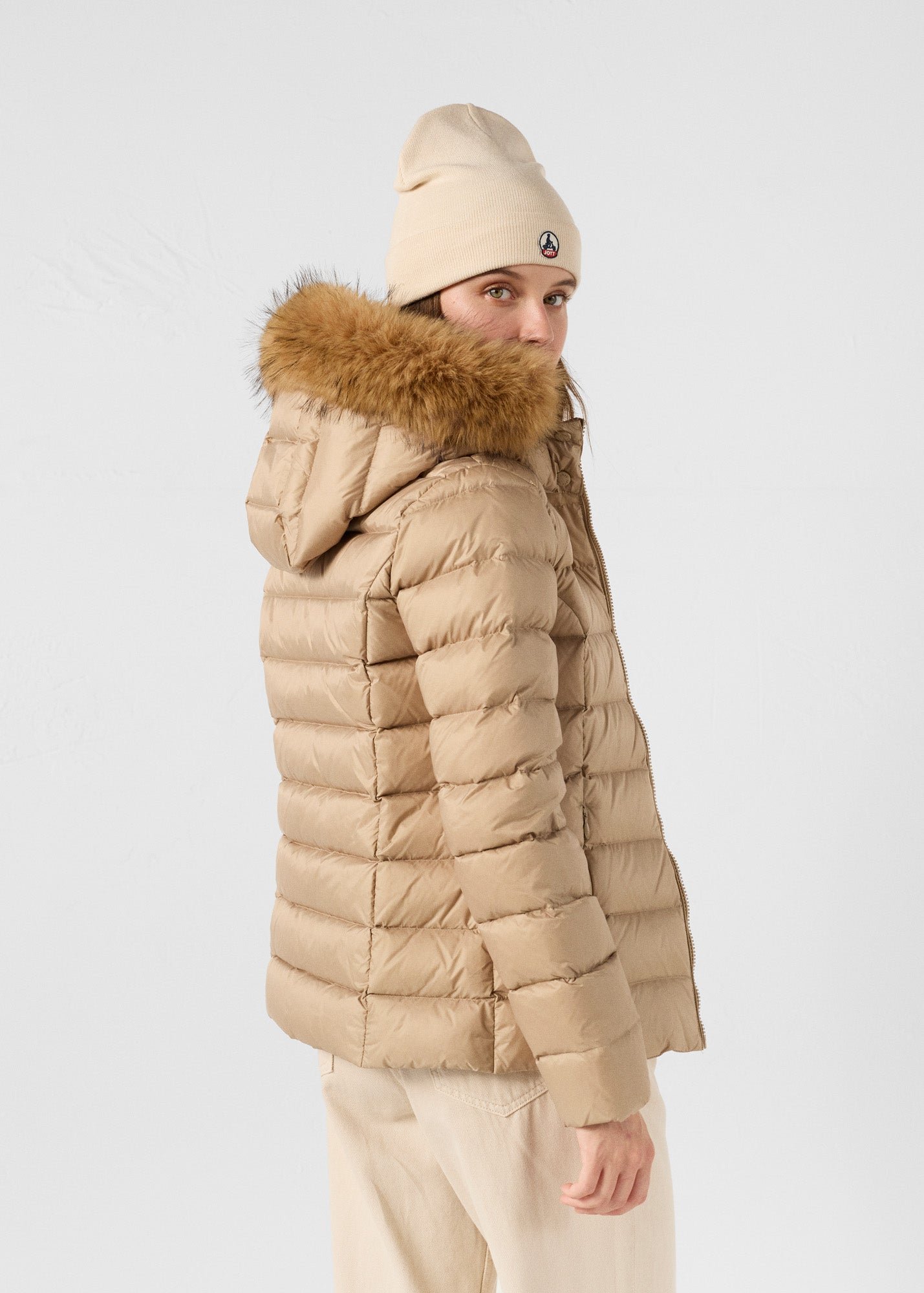 Luxury cold weather hooded puffer coat JOTT Beige