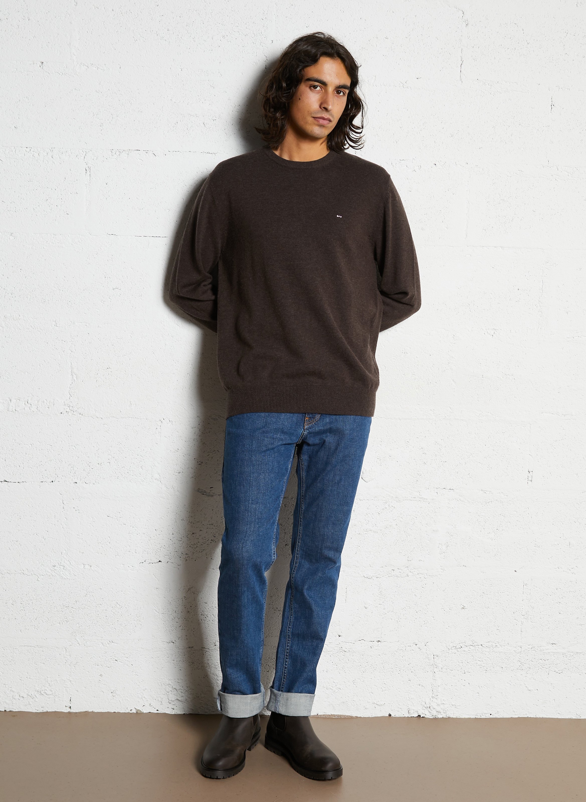 Pull droit col rond en laine et coton EDEN PARK Marron