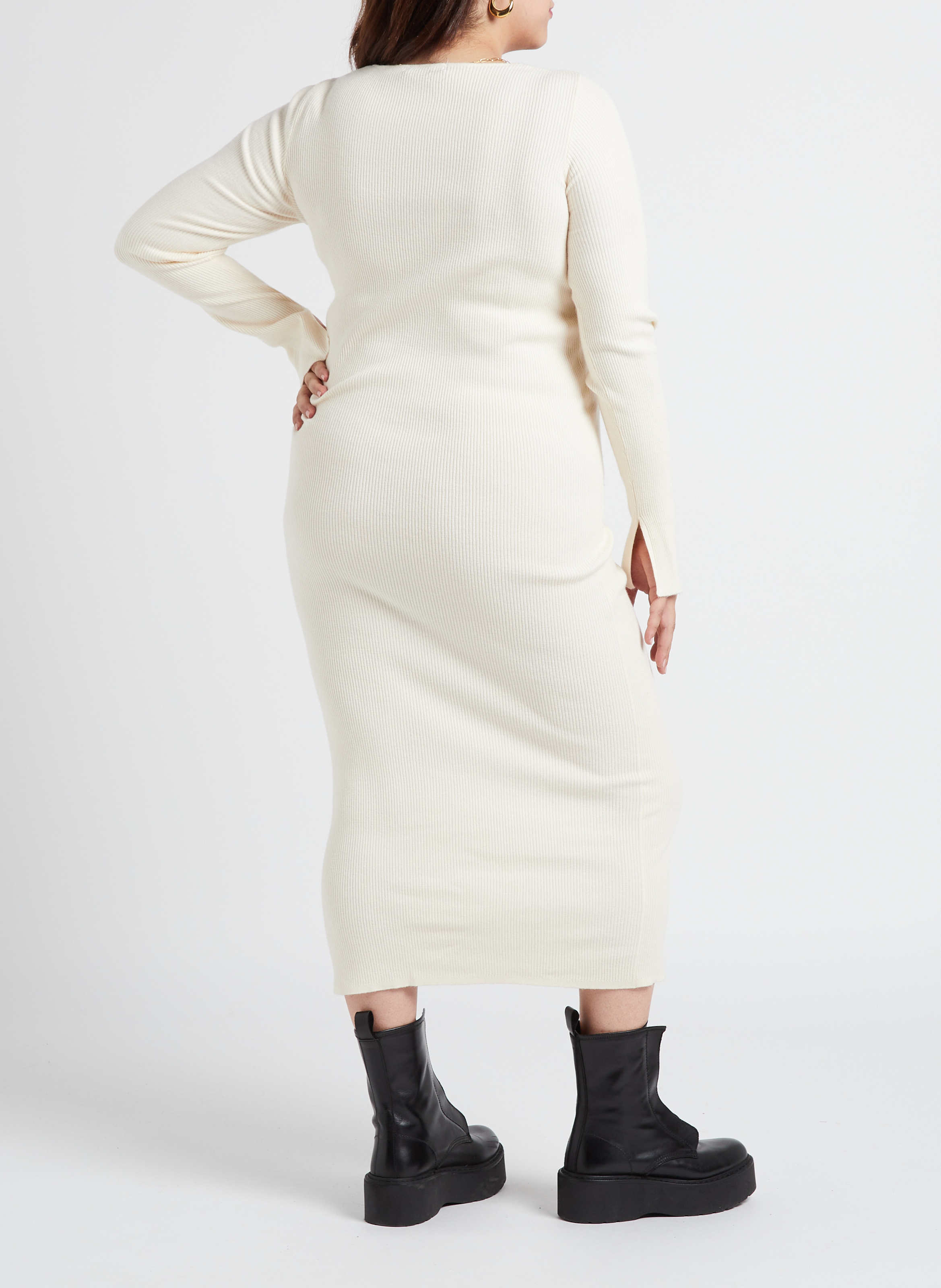 Robe longue col rond en maille côtelée  GINA TRICOT Blanc