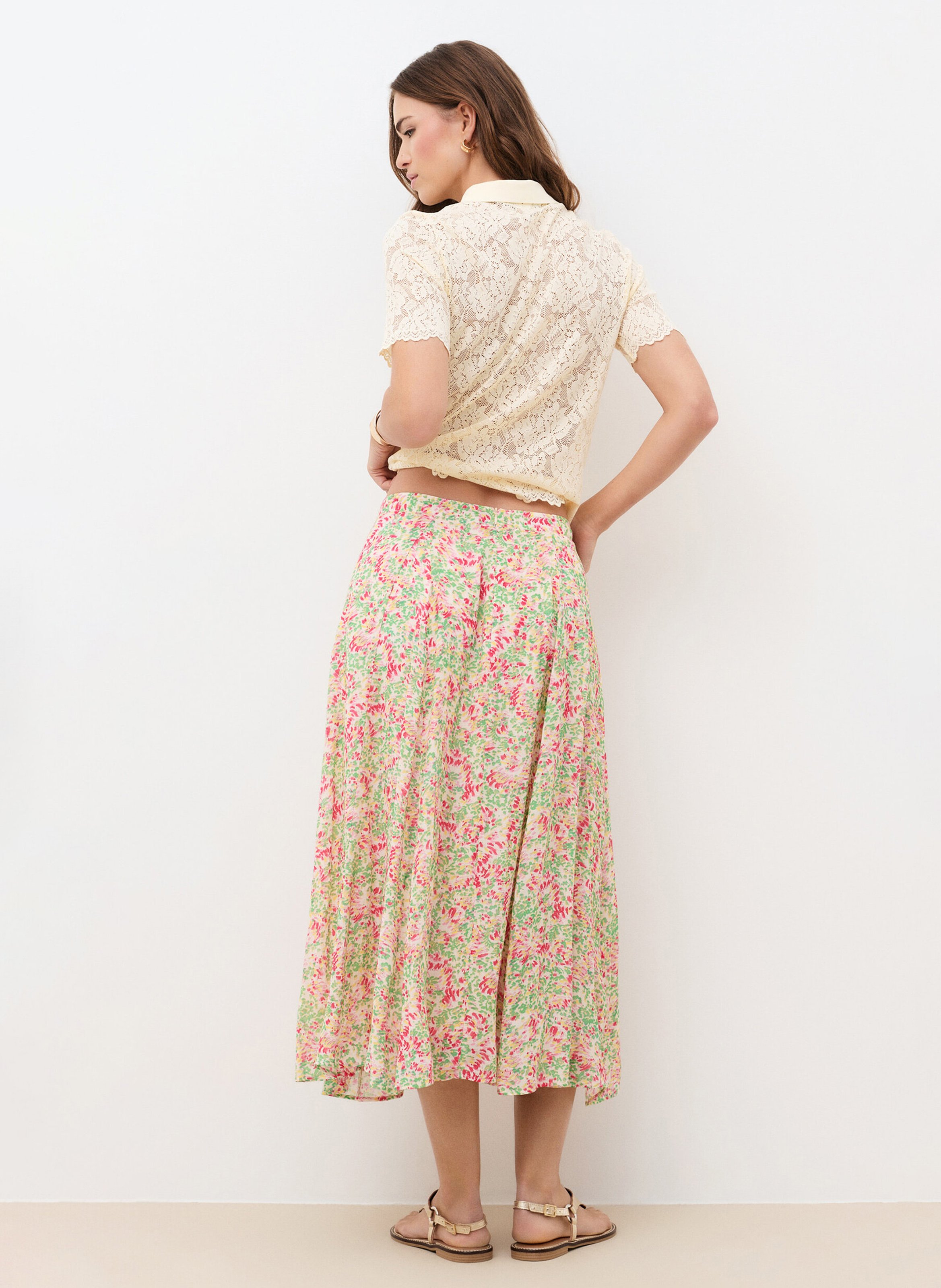 Flared flowing skirt with patterns CAROLL Green