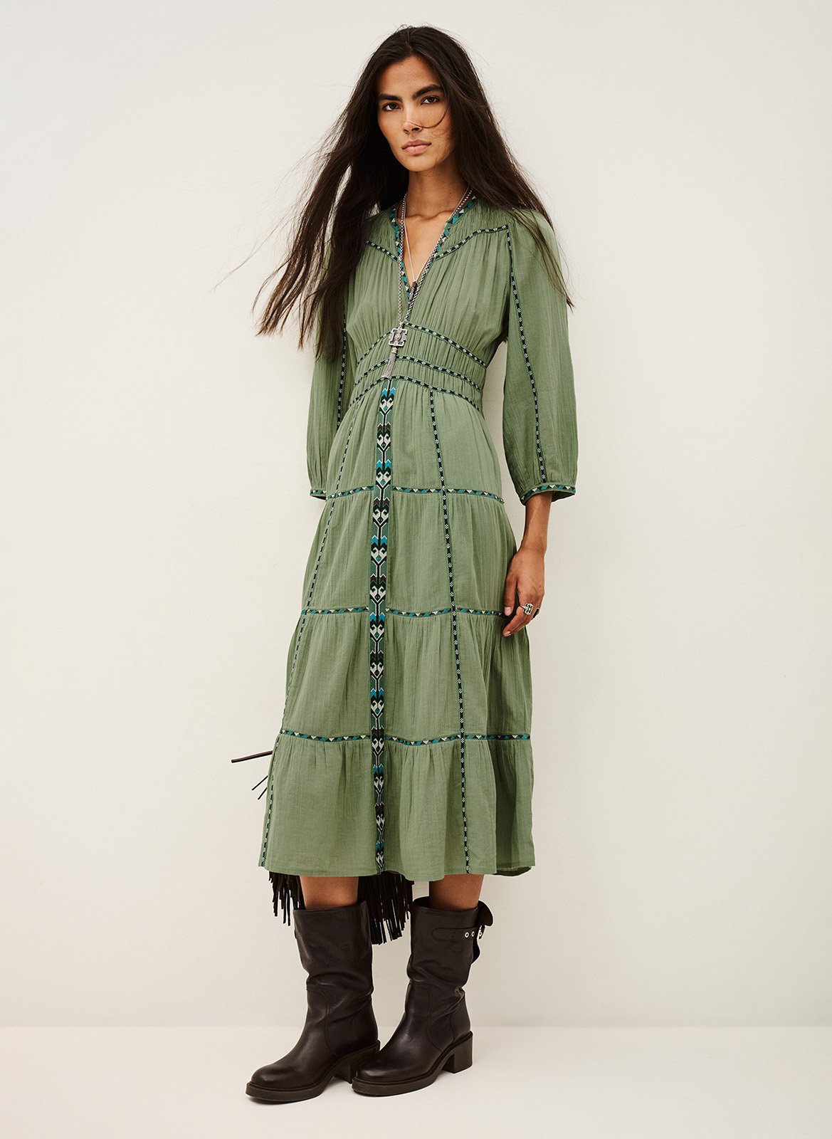 Langes Kleid mit besticktem Tunika-Kragen BA&SH Grun