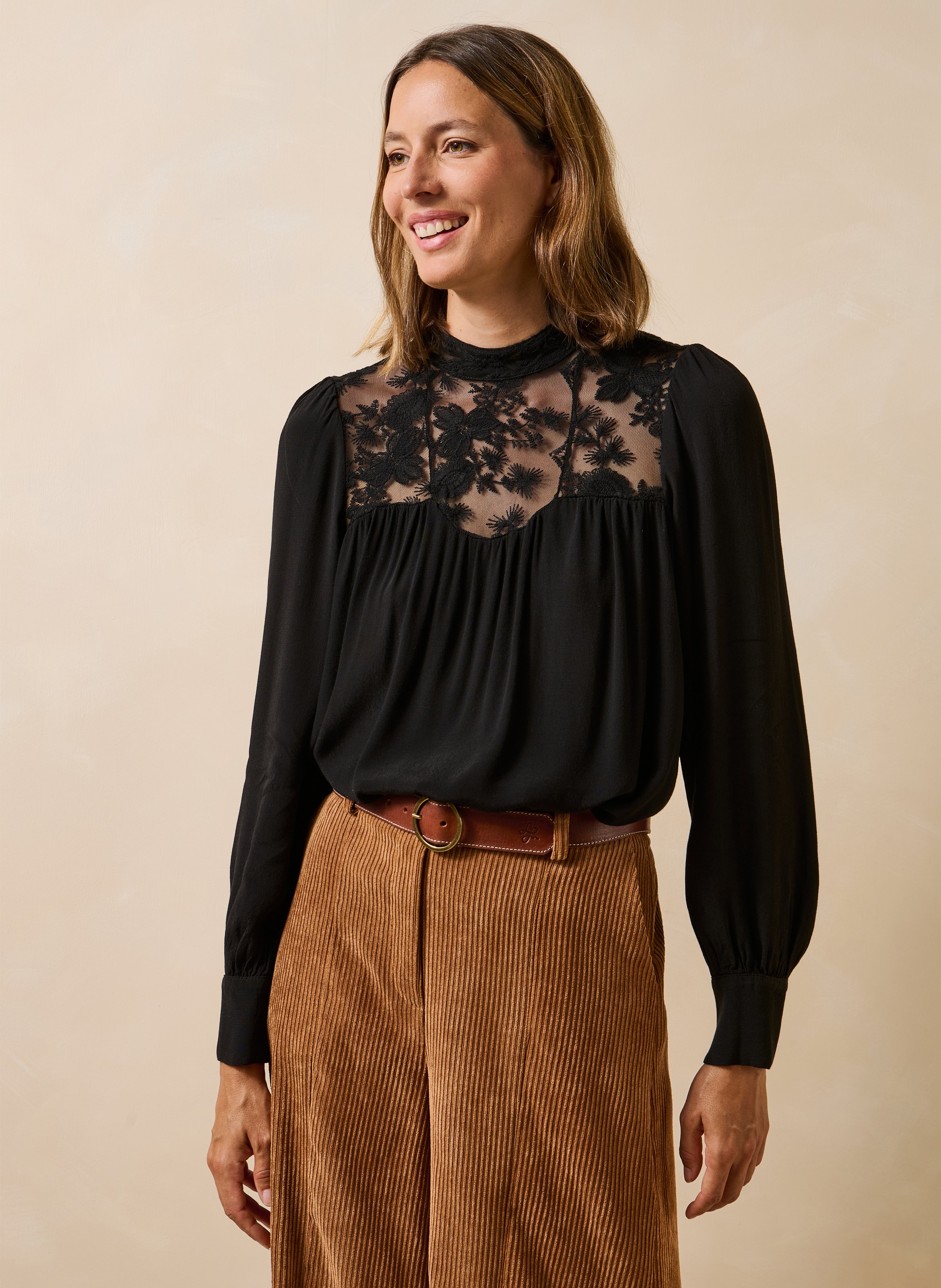 Lange mouwen kanten blouse LA FEE MARABOUTEE Zwart