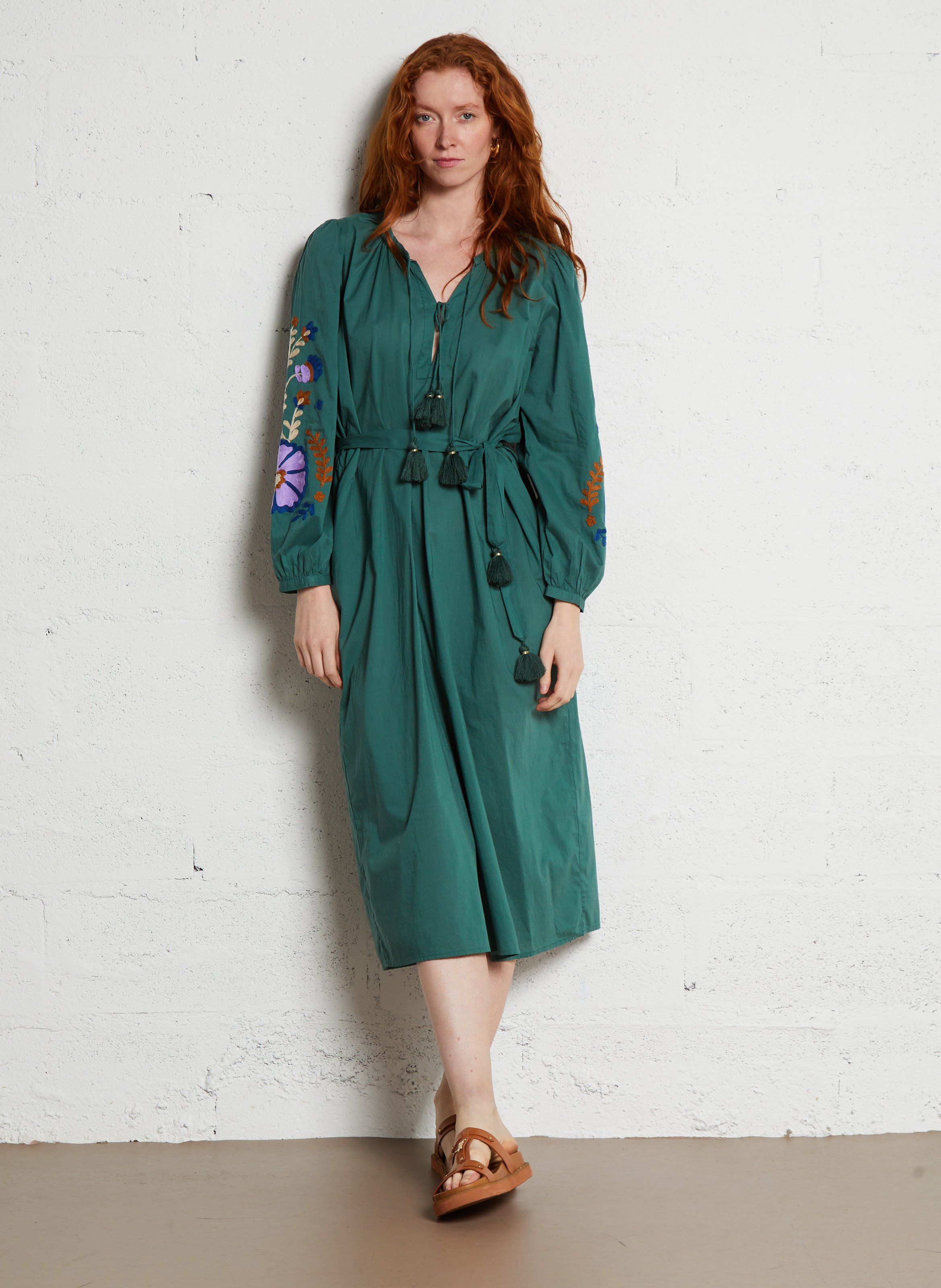 V-neck organic cotton midi dress Green
