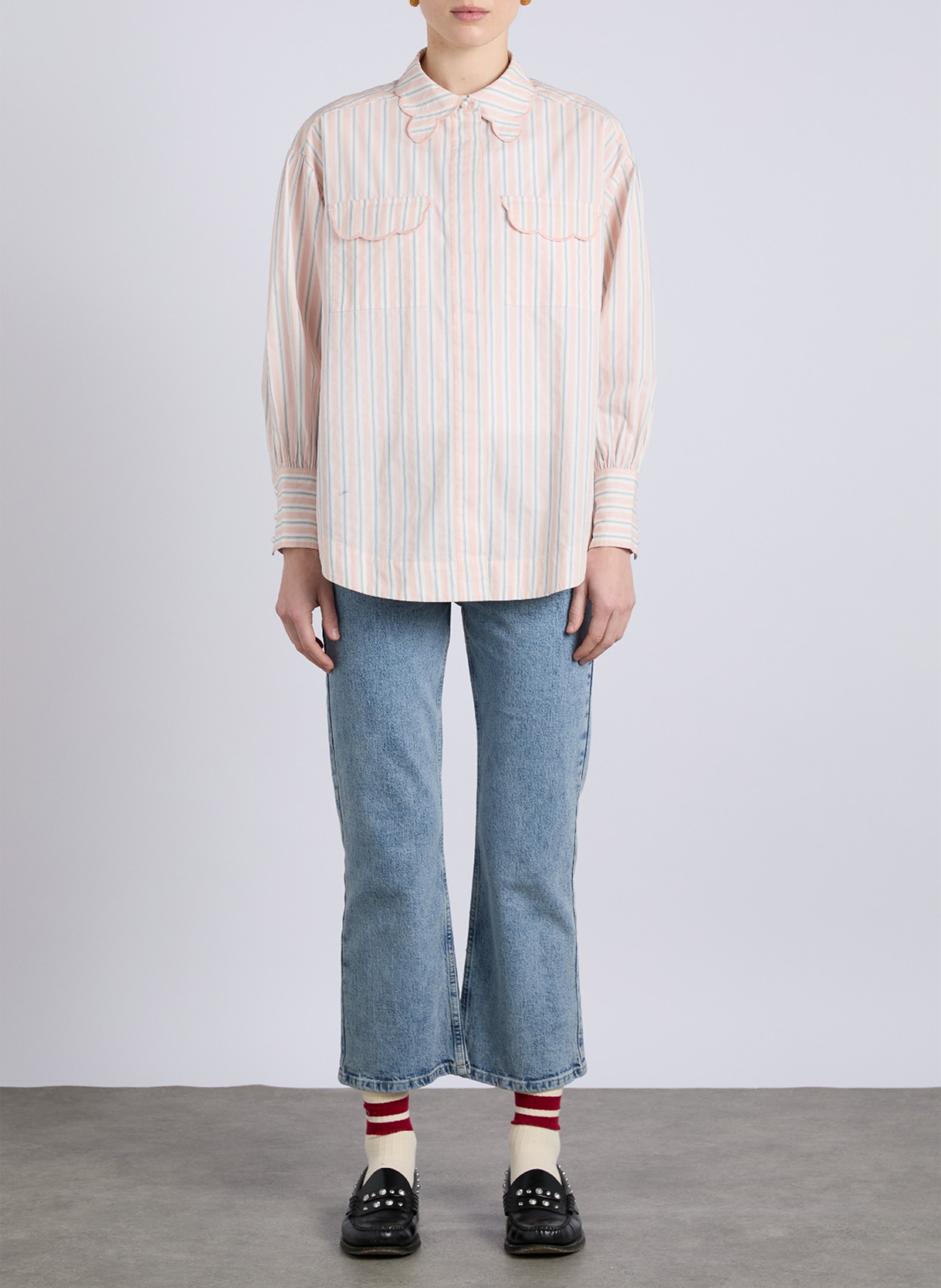 Wijd gestreept overhemd met feston details Oranje