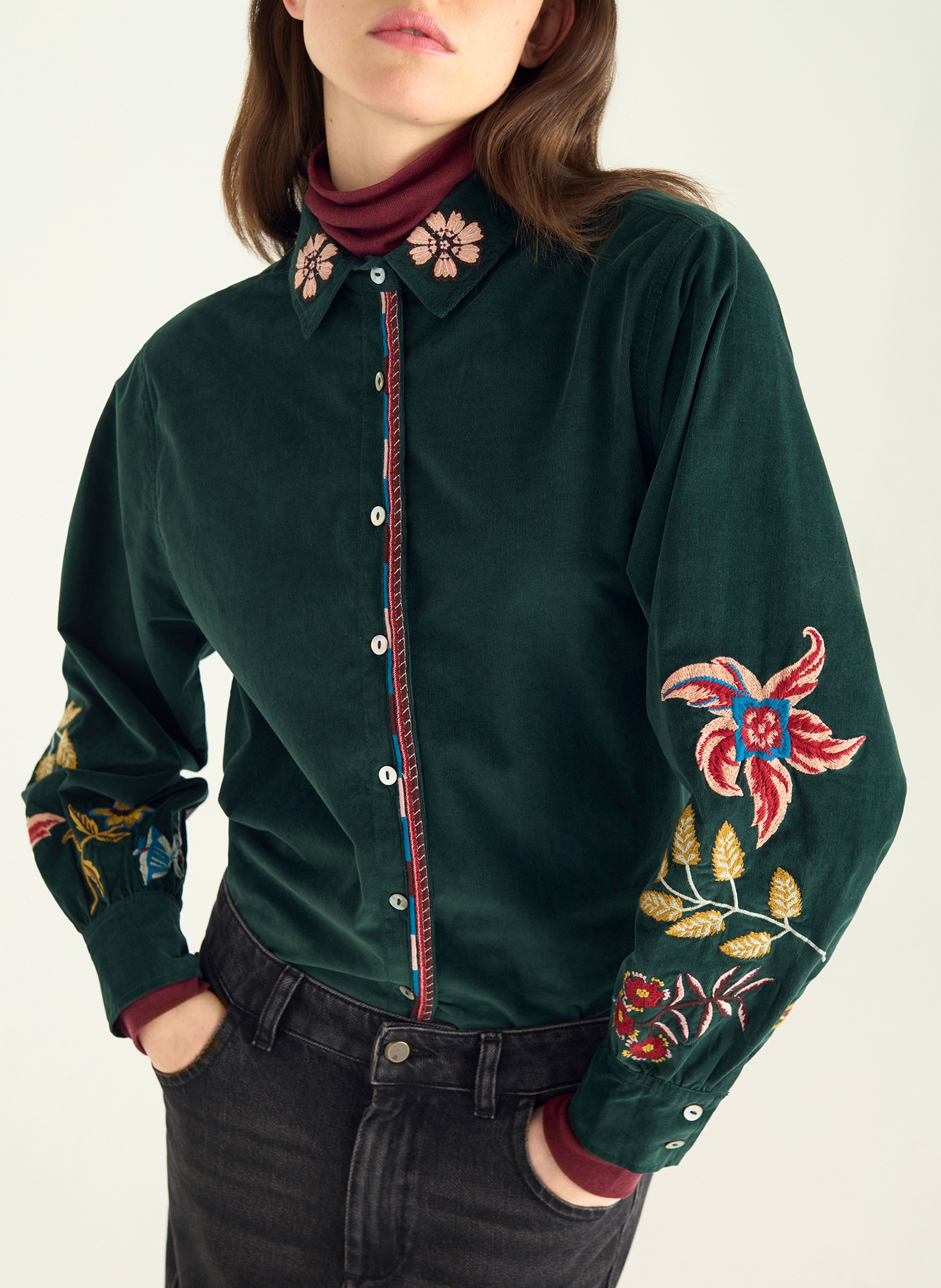 Chemise droite unie à broderies COTELAC Vert