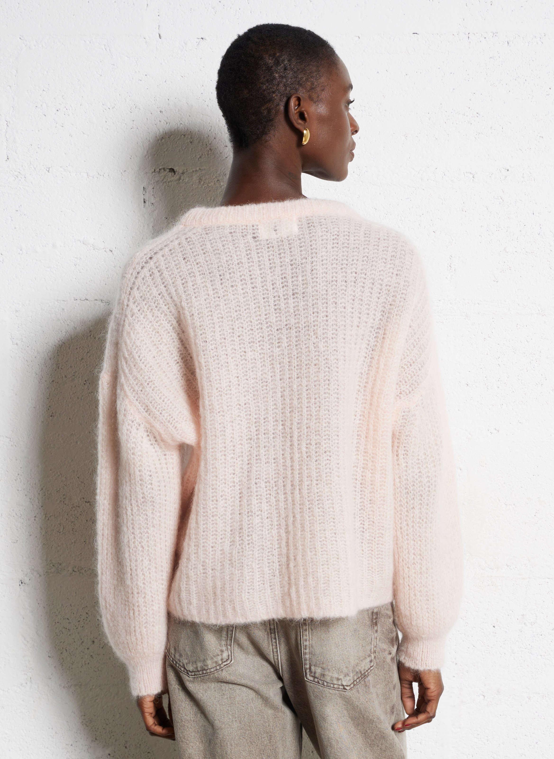 Pull col rond uni en laine mélangée DES PETITS HAUTS Rose