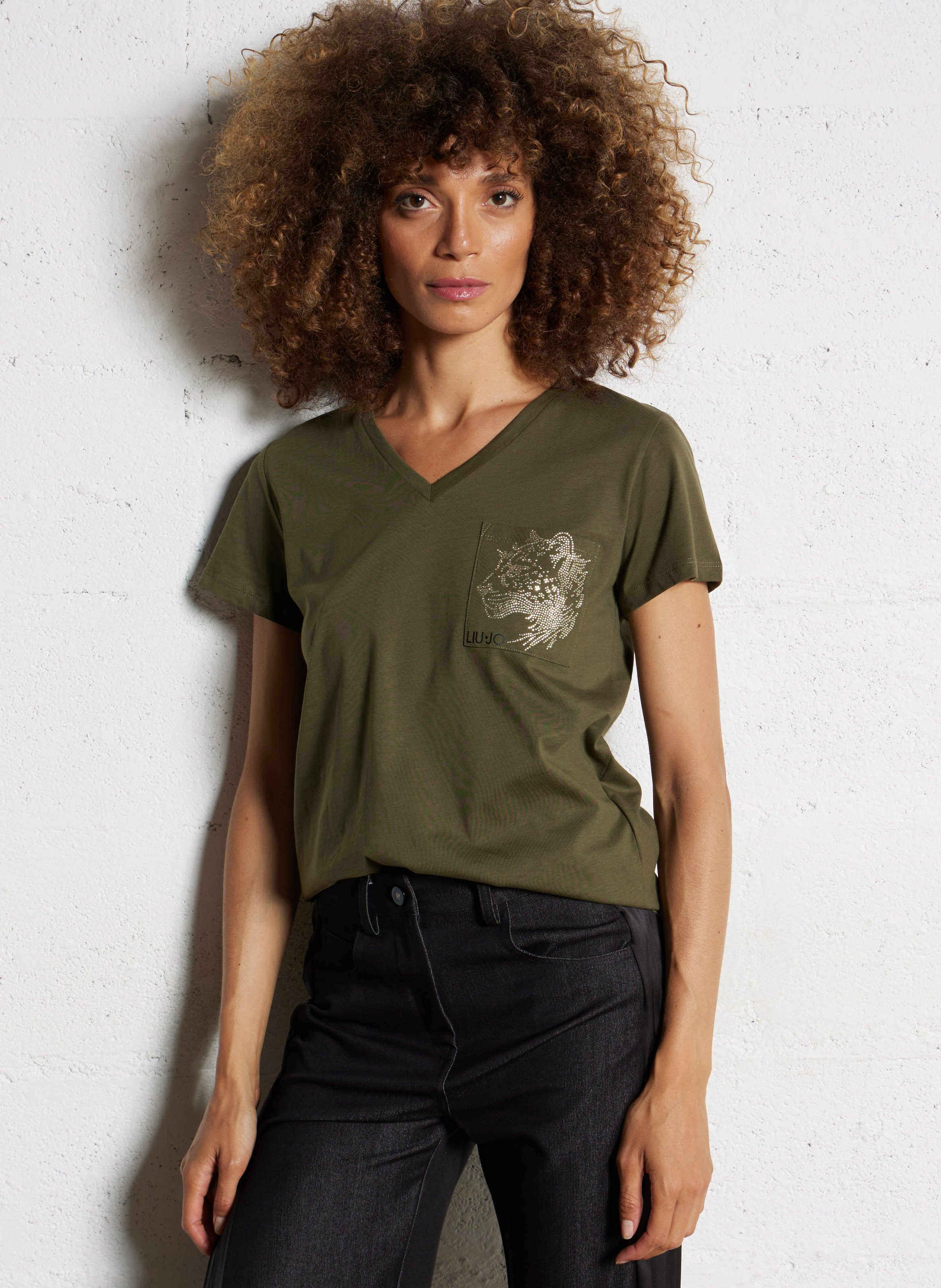 Tee-shirt col v en coton LIU JO Vert