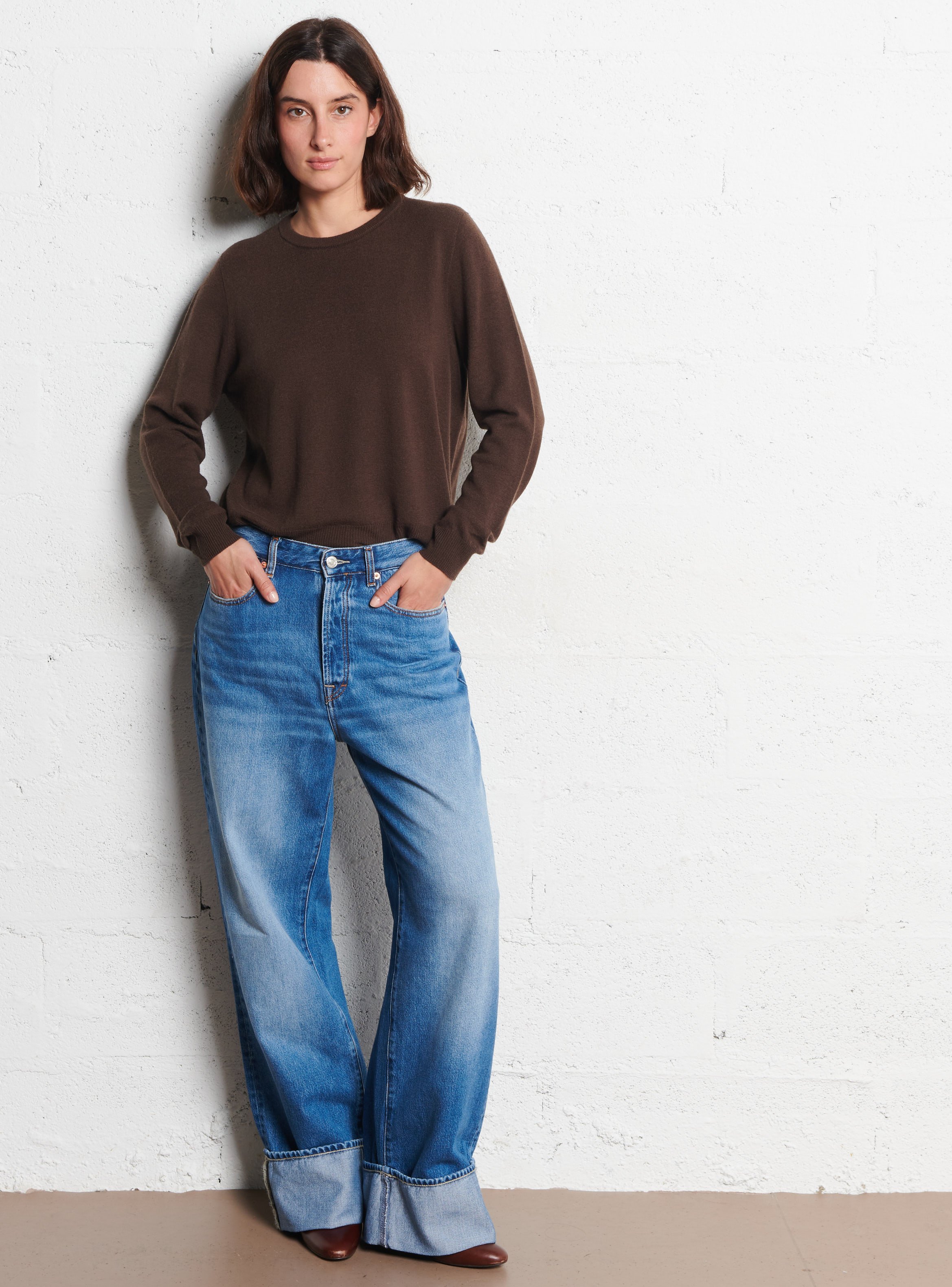 Pull ample col rond en laine IKKS Marron