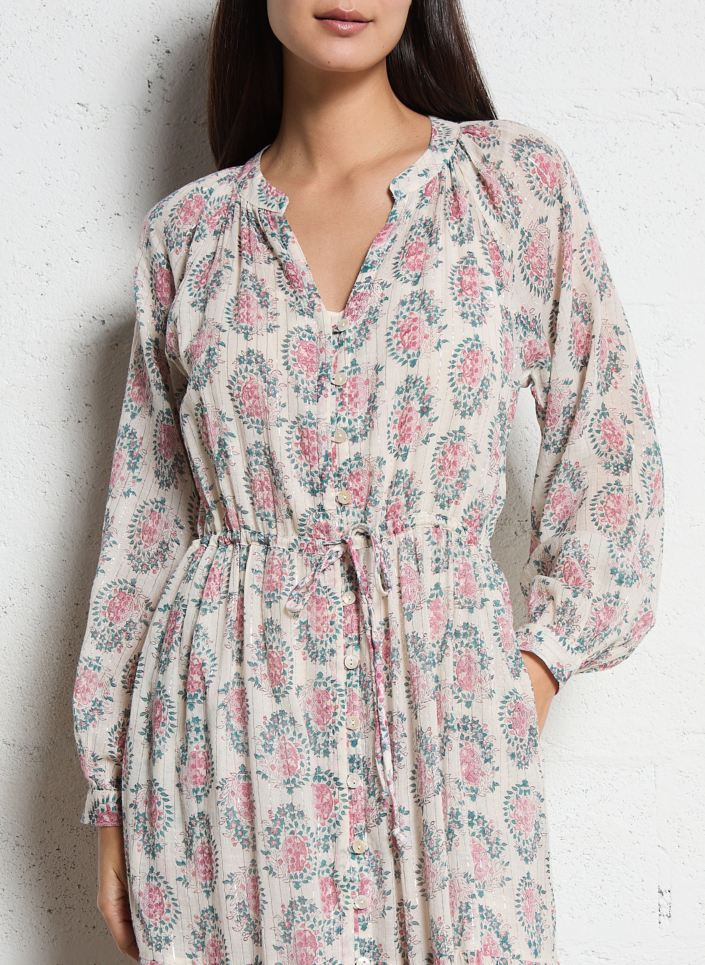 Robe longue col V en coton mélangé MAISON HOTEL Rose