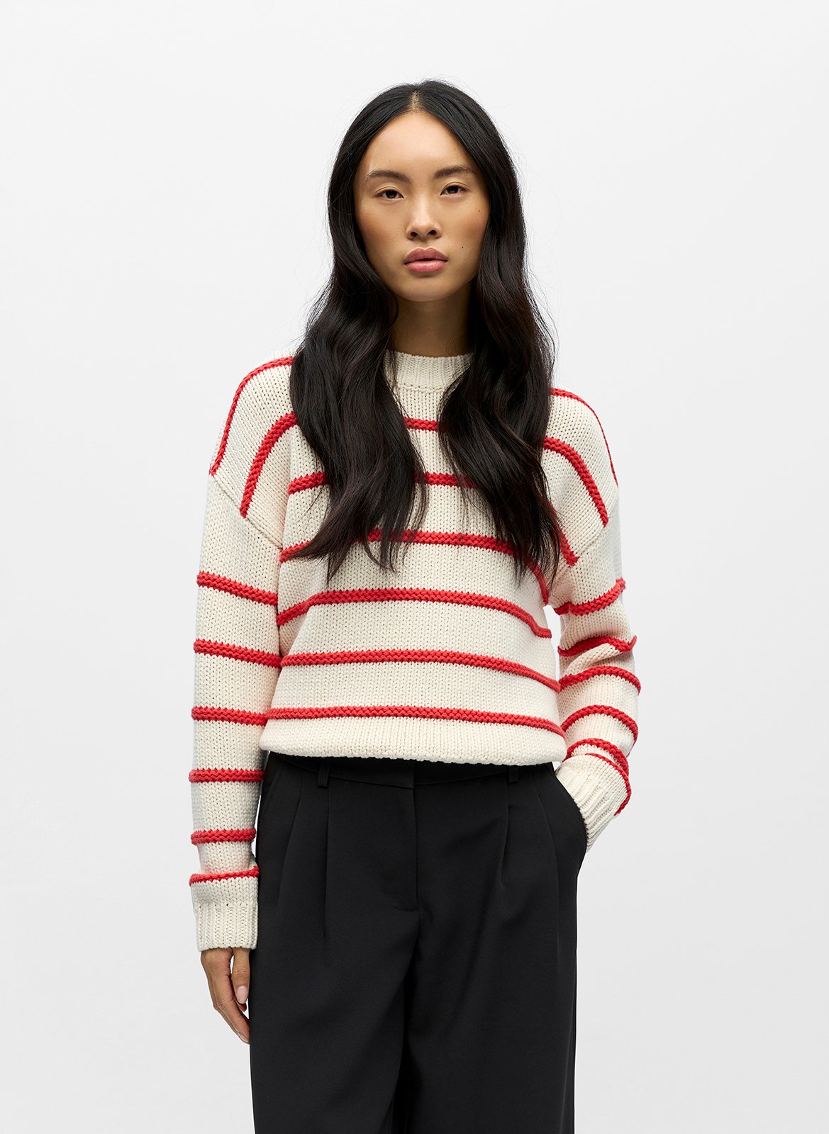 Pull ample col rond à rayures OBJECT Beige