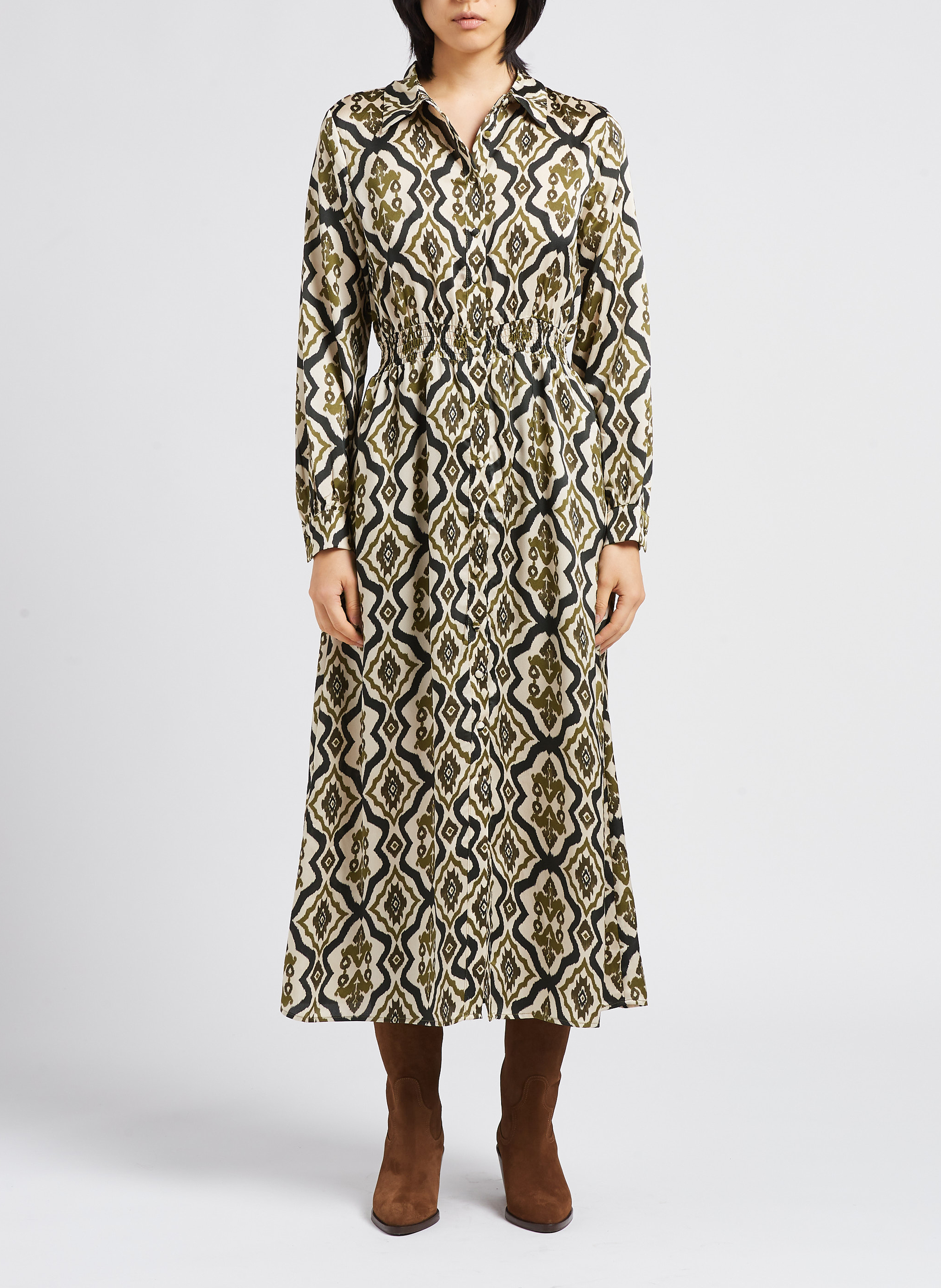 Robe longue col classique imprimé graphique  LA PETITE ETOILE Vert