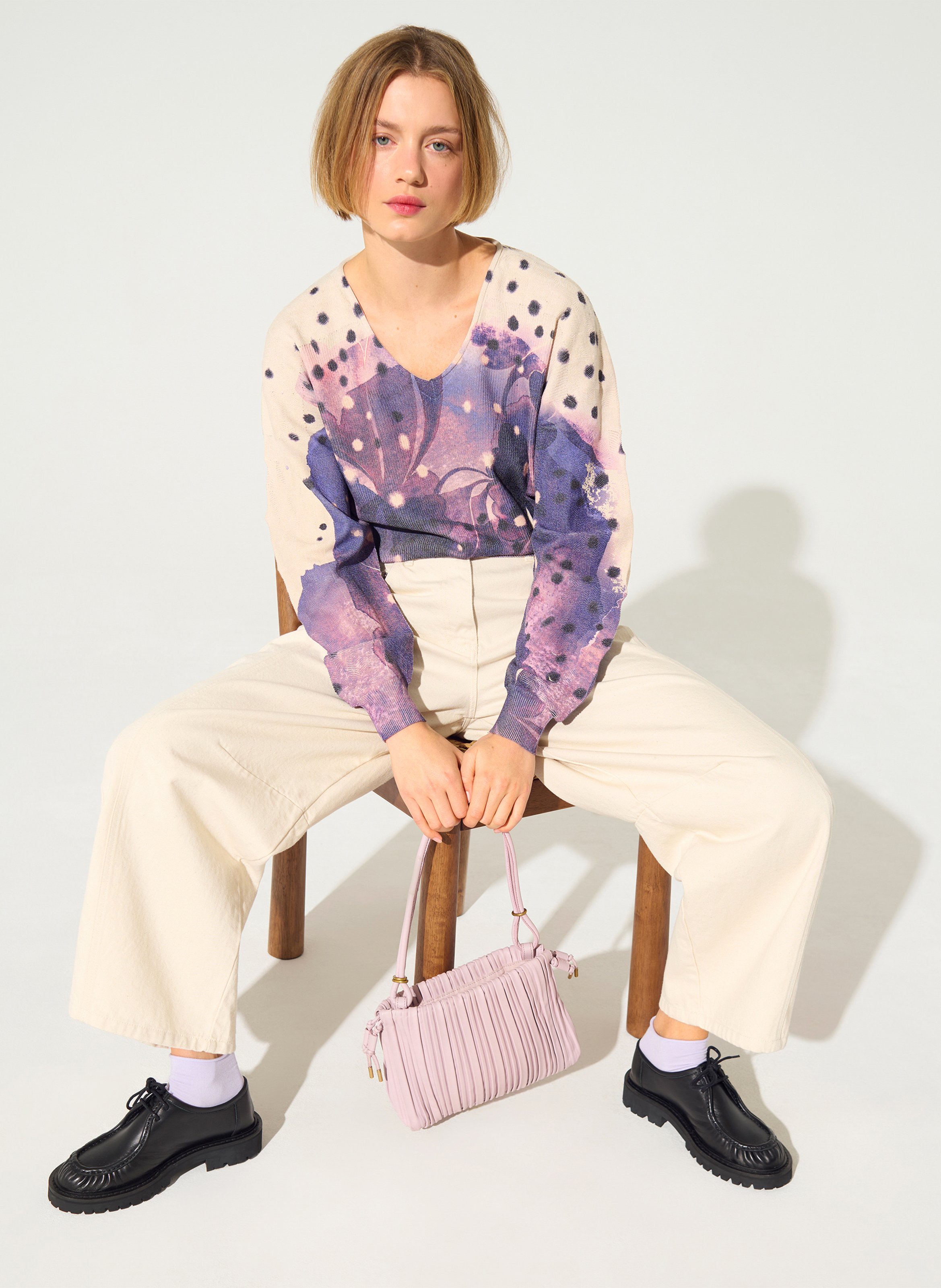 V-neck printed cotton blend sweater COTELAC Purple