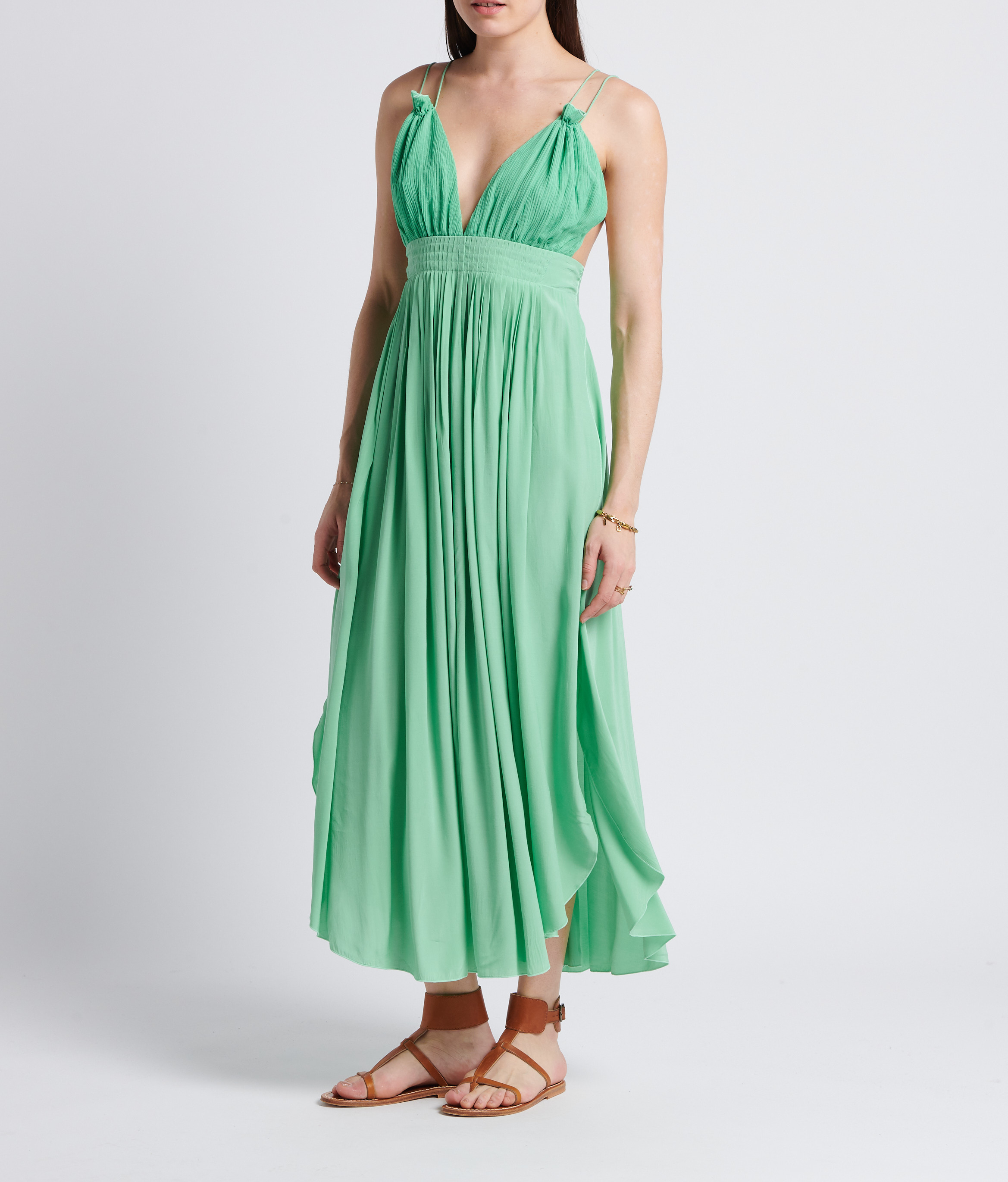 Langes, gerades Kleid aus Leinen-Seide-Mix mit V-Ausschnitt KARMA KOMA Grun