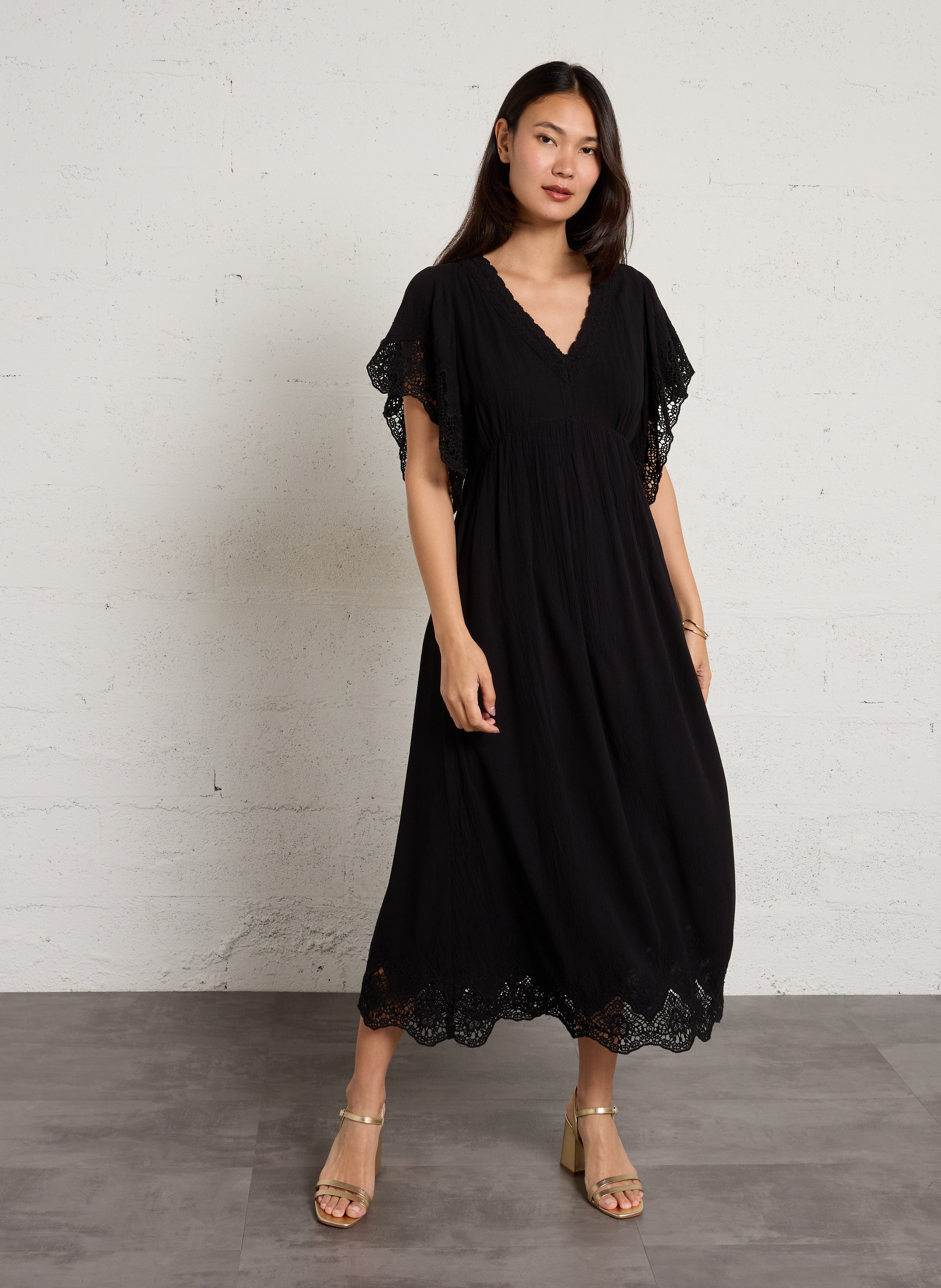 Vestido largo con cuello en V y bordados MAISON 123 Negro