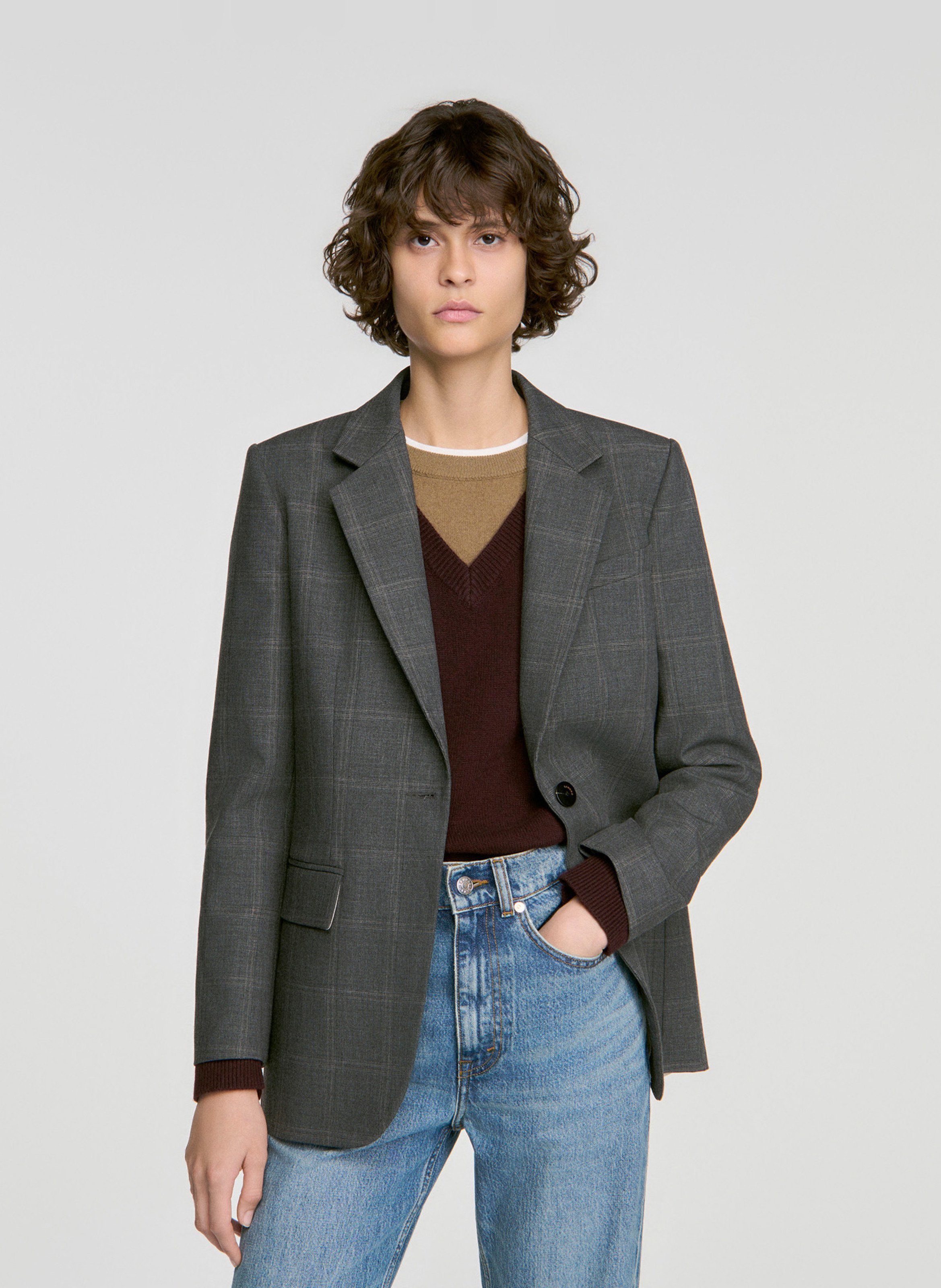 Veste tailleur ample à carreaux SANDRO Gris