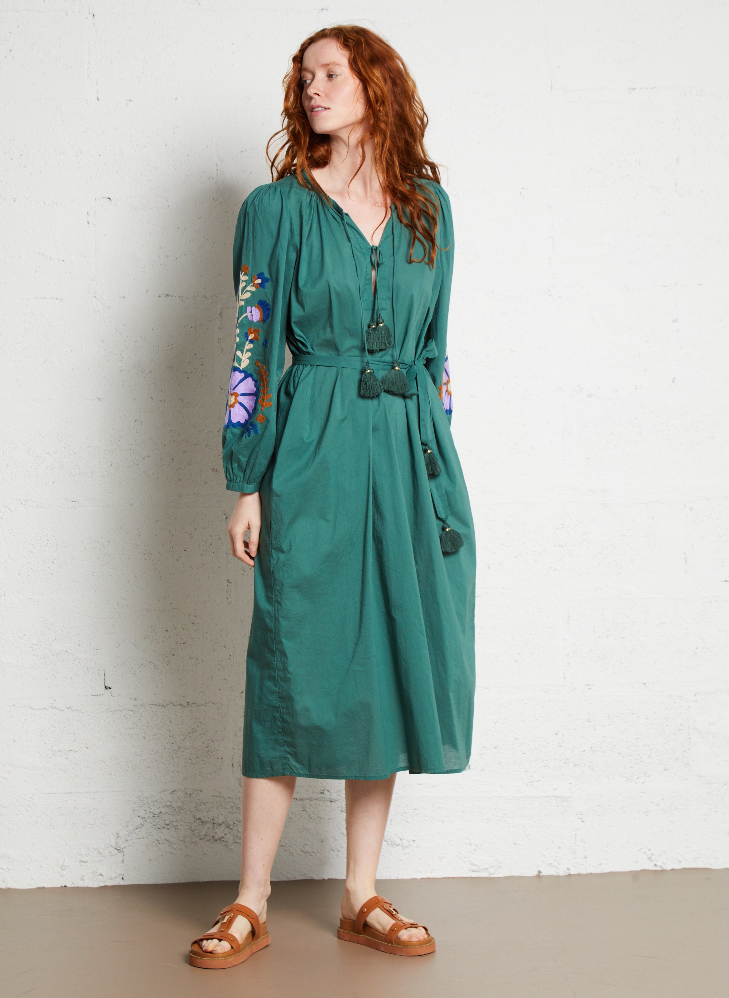 V-neck organic cotton midi dress Green
