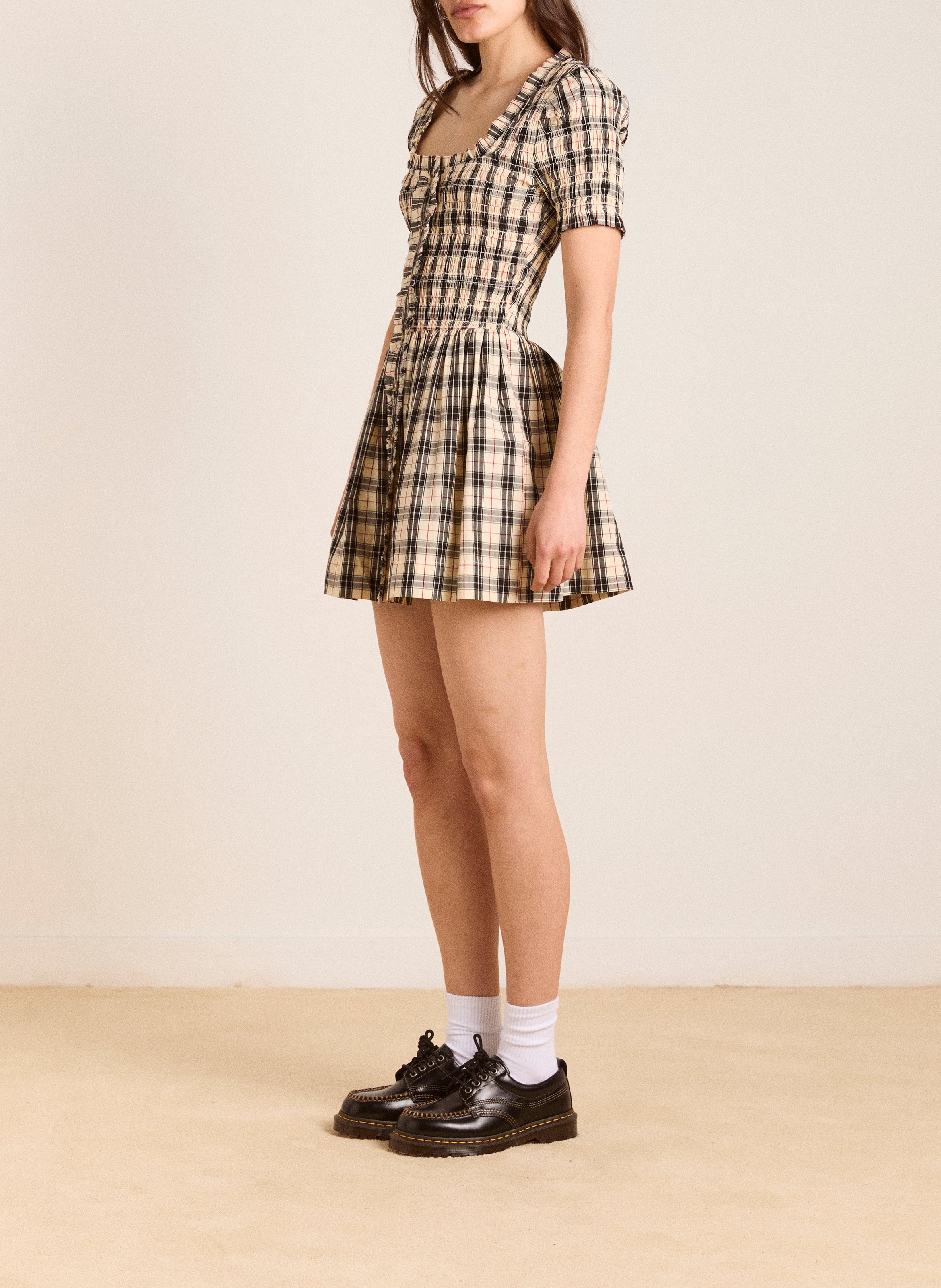 Fitted short dress with square neckline in organic cotton DAMSON MADDER Yellow