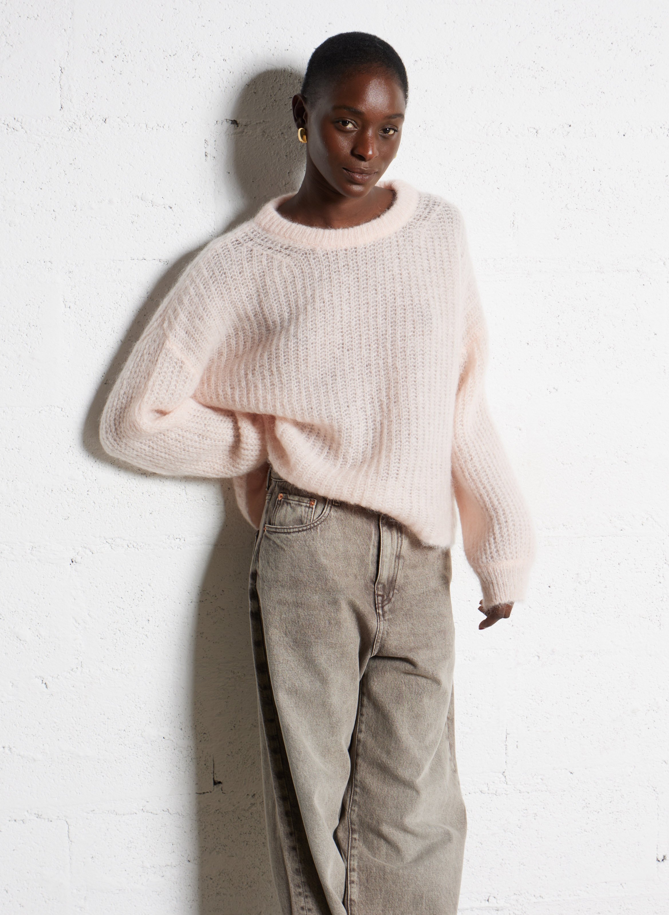 Pull col rond uni en laine mélangée DES PETITS HAUTS Rose