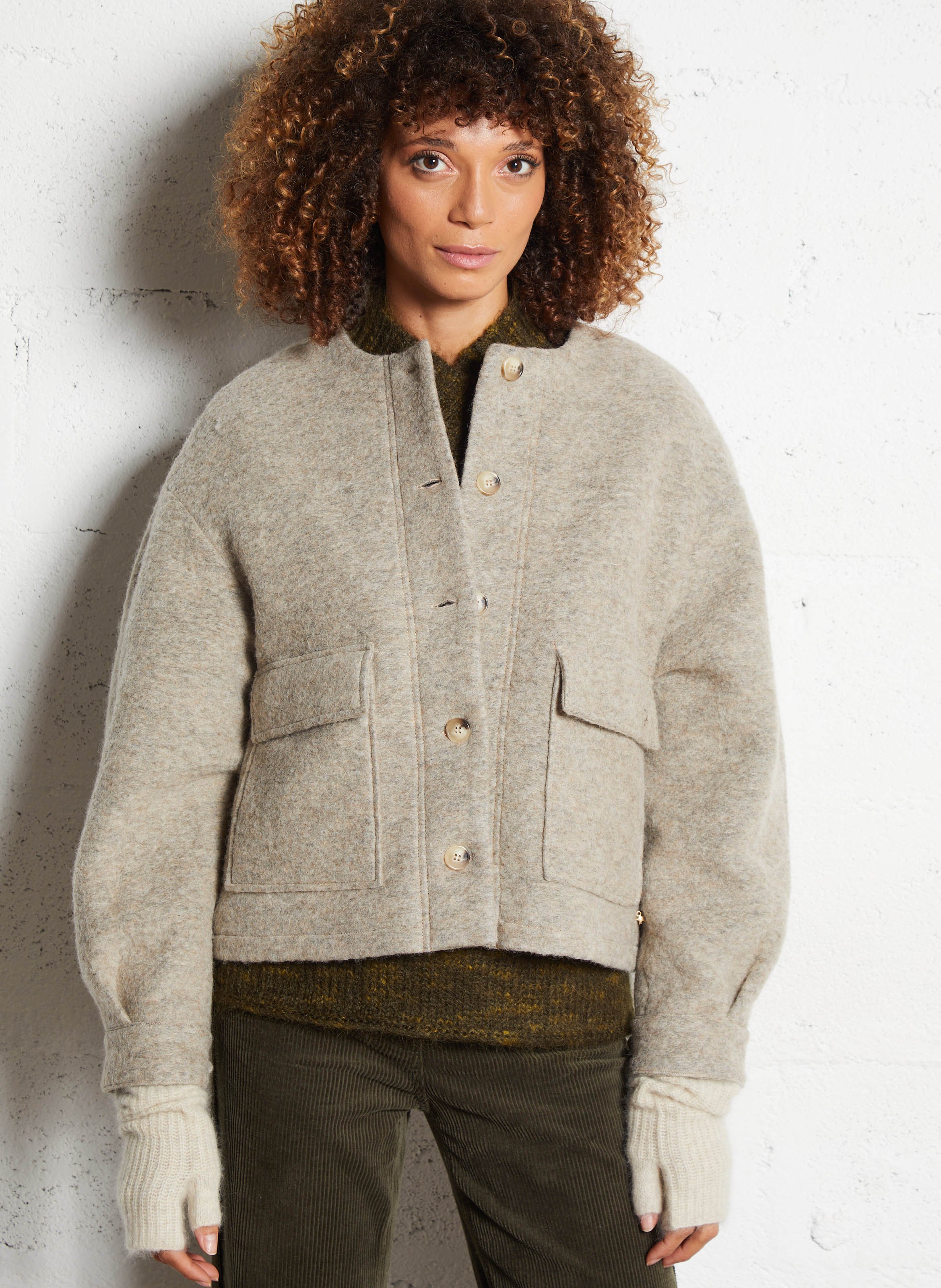 Short straight wool-blend jacket DES PETITS HAUTS Beige