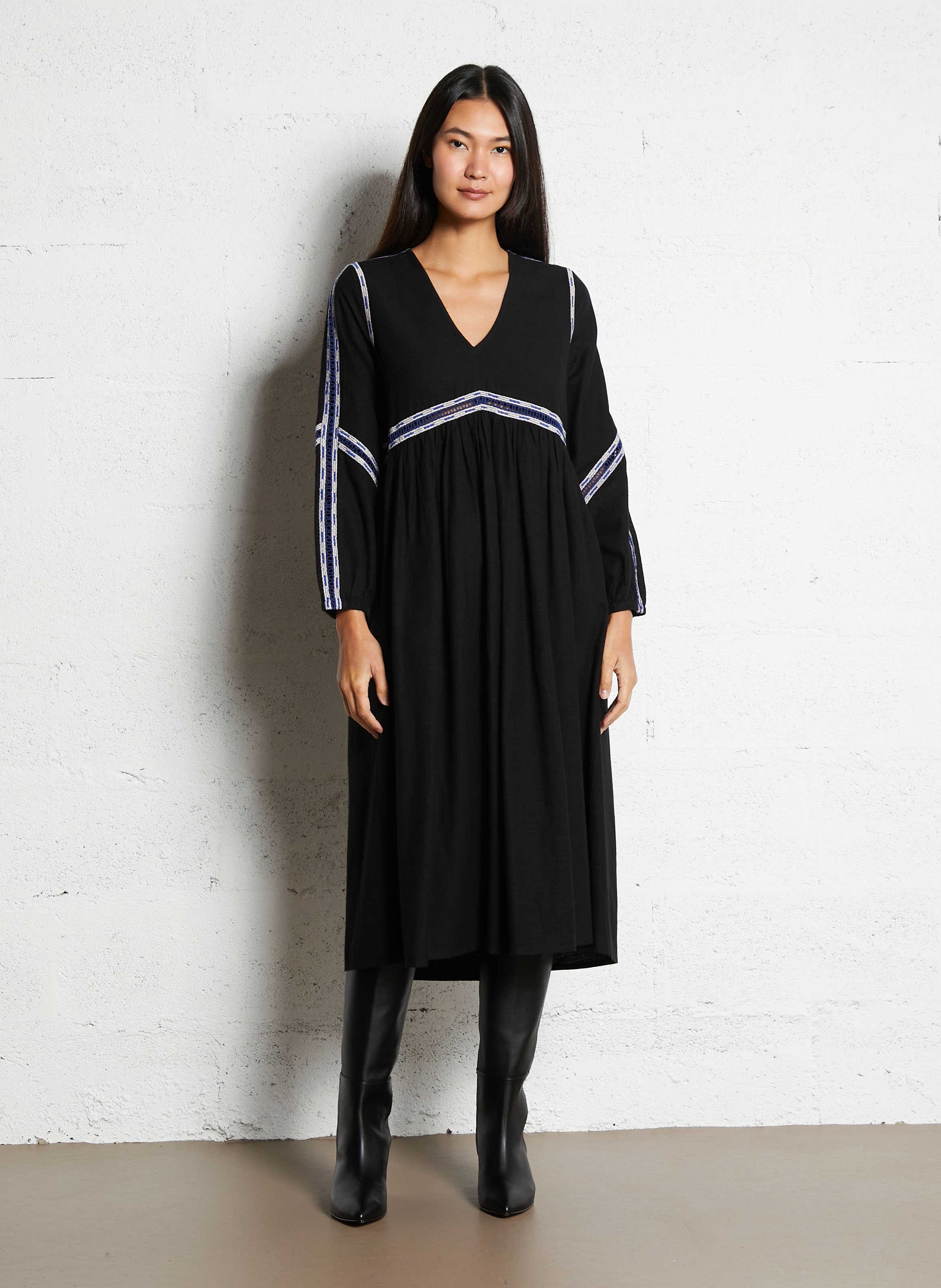 Halflange jurk met V-hals - katoenblend LEON & HARPER Zwart