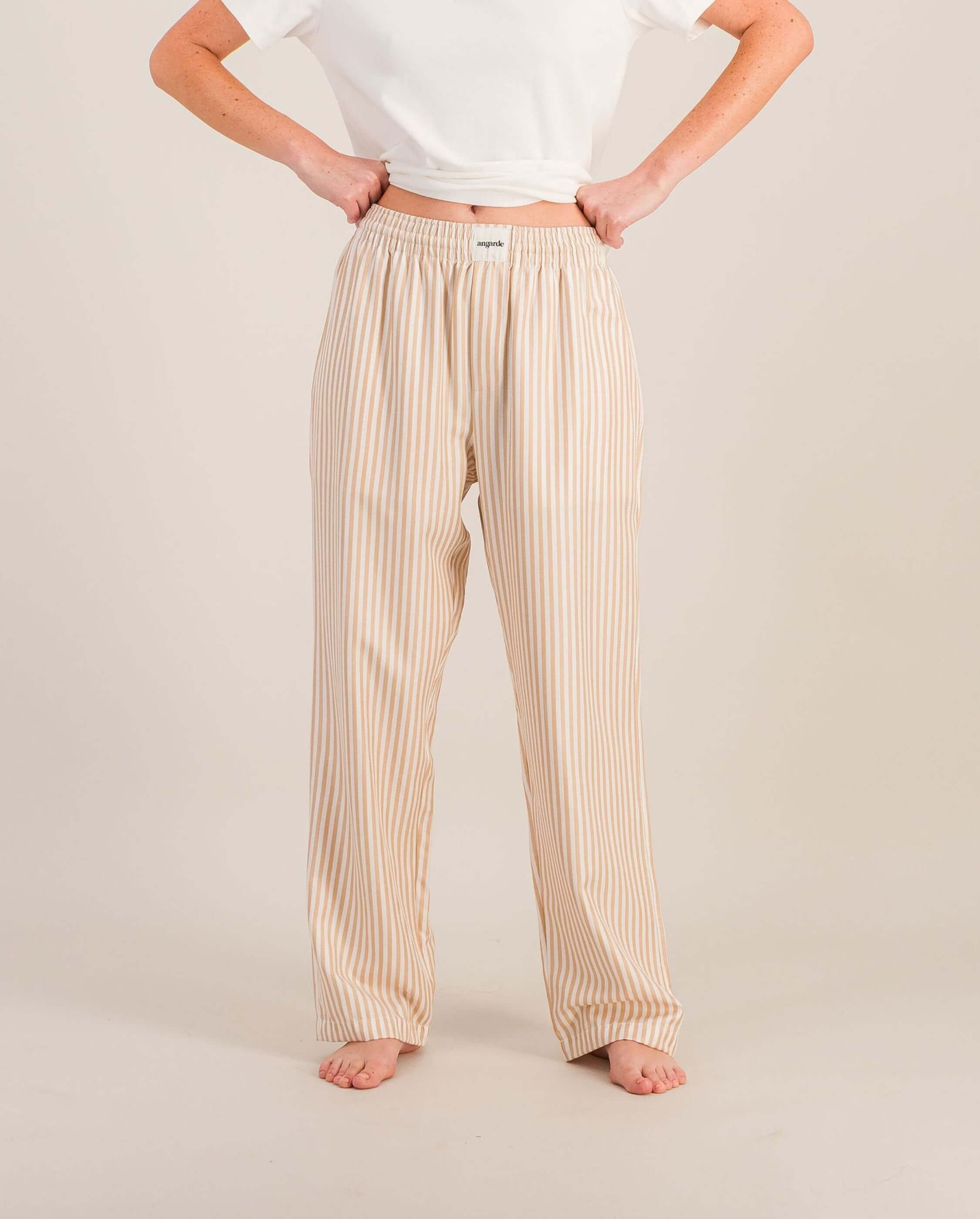 Women's Tencel pants, latte stripes ANGARDE Brown