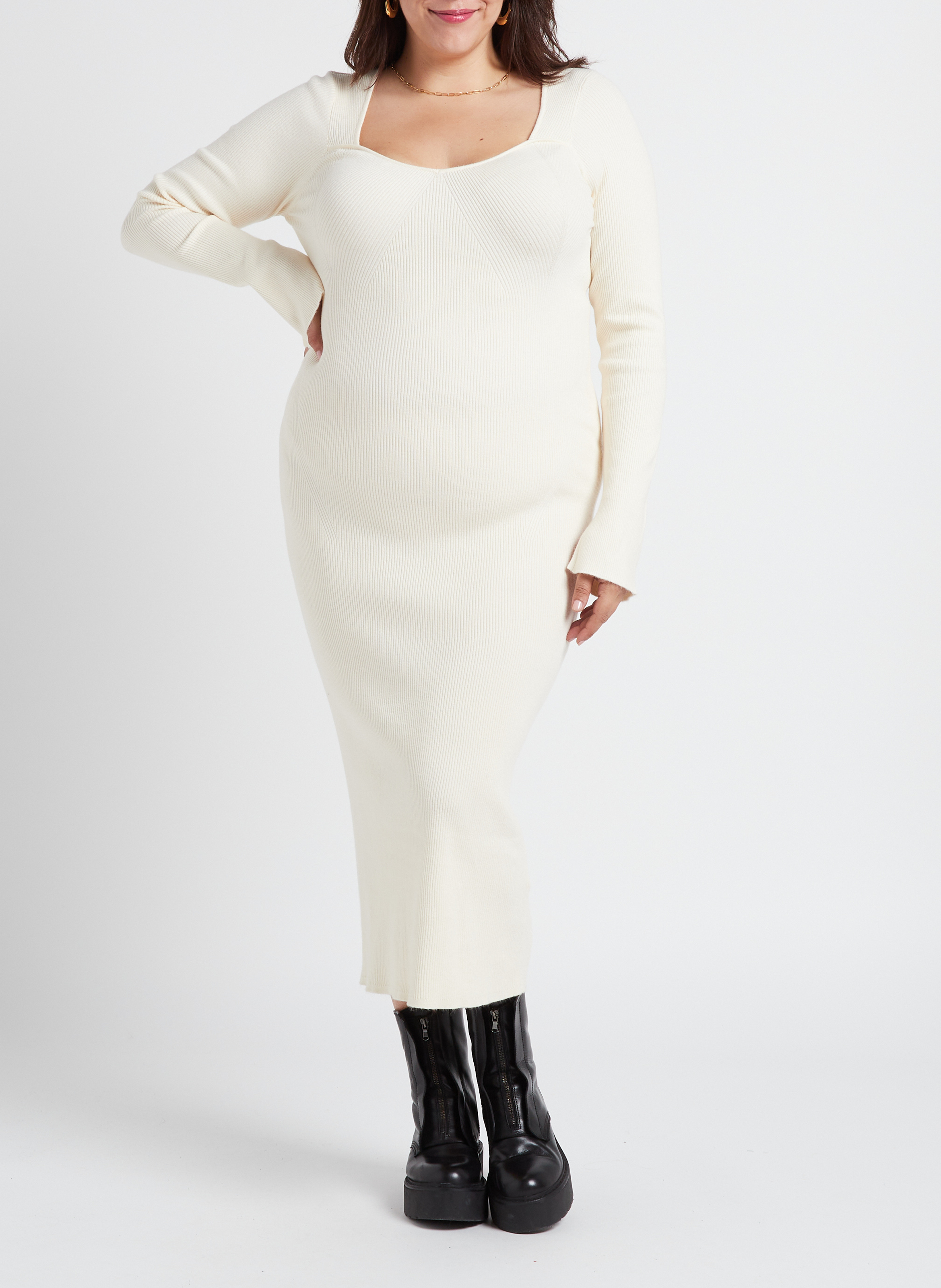Robe longue col rond en maille côtelée  GINA TRICOT Blanc