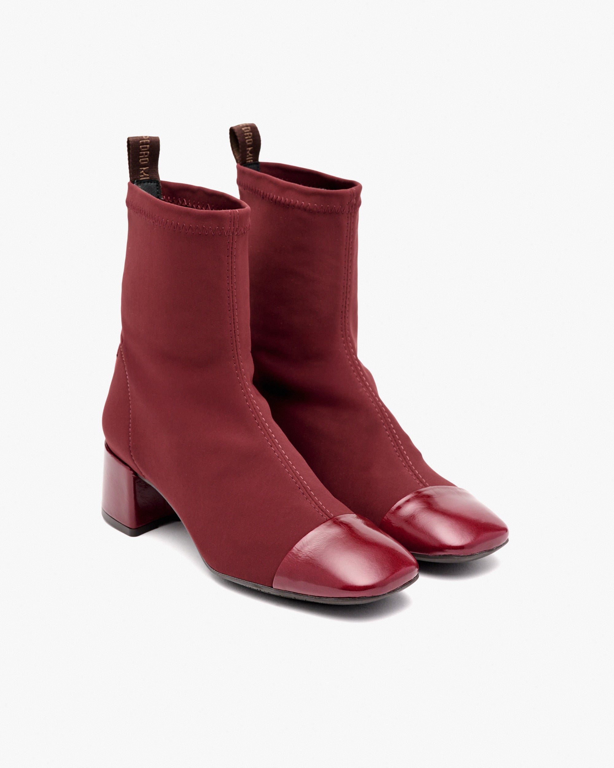 Ankle boots with high heels in burgundy stretch fabric. PEDRO MIRALLES Red
