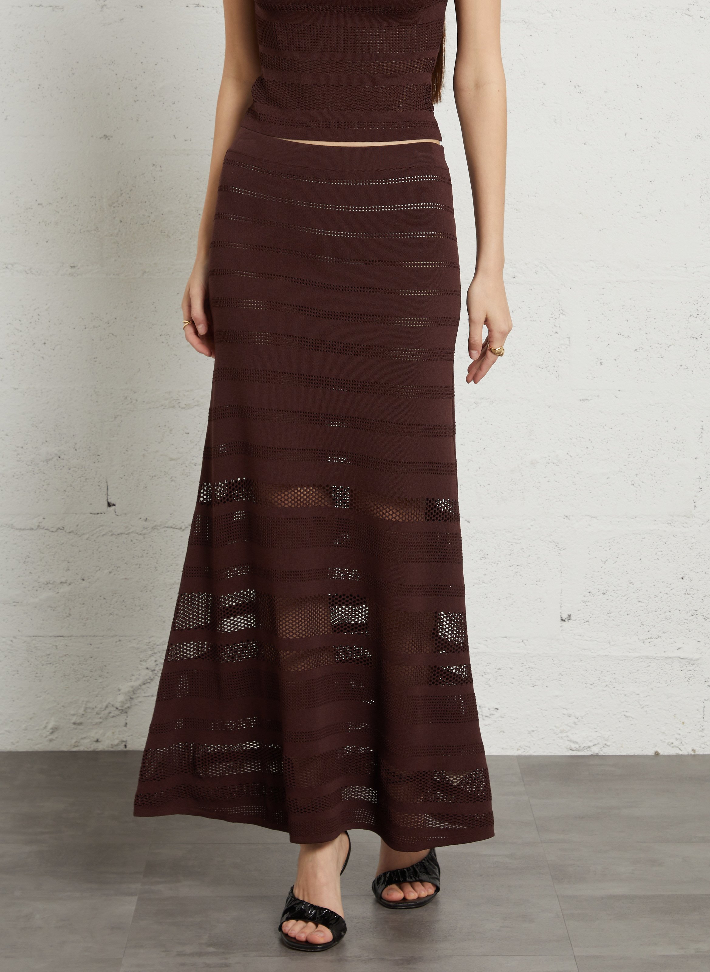 Solid Flowy Maxi Skirt with Cutouts SUNCOO Brown