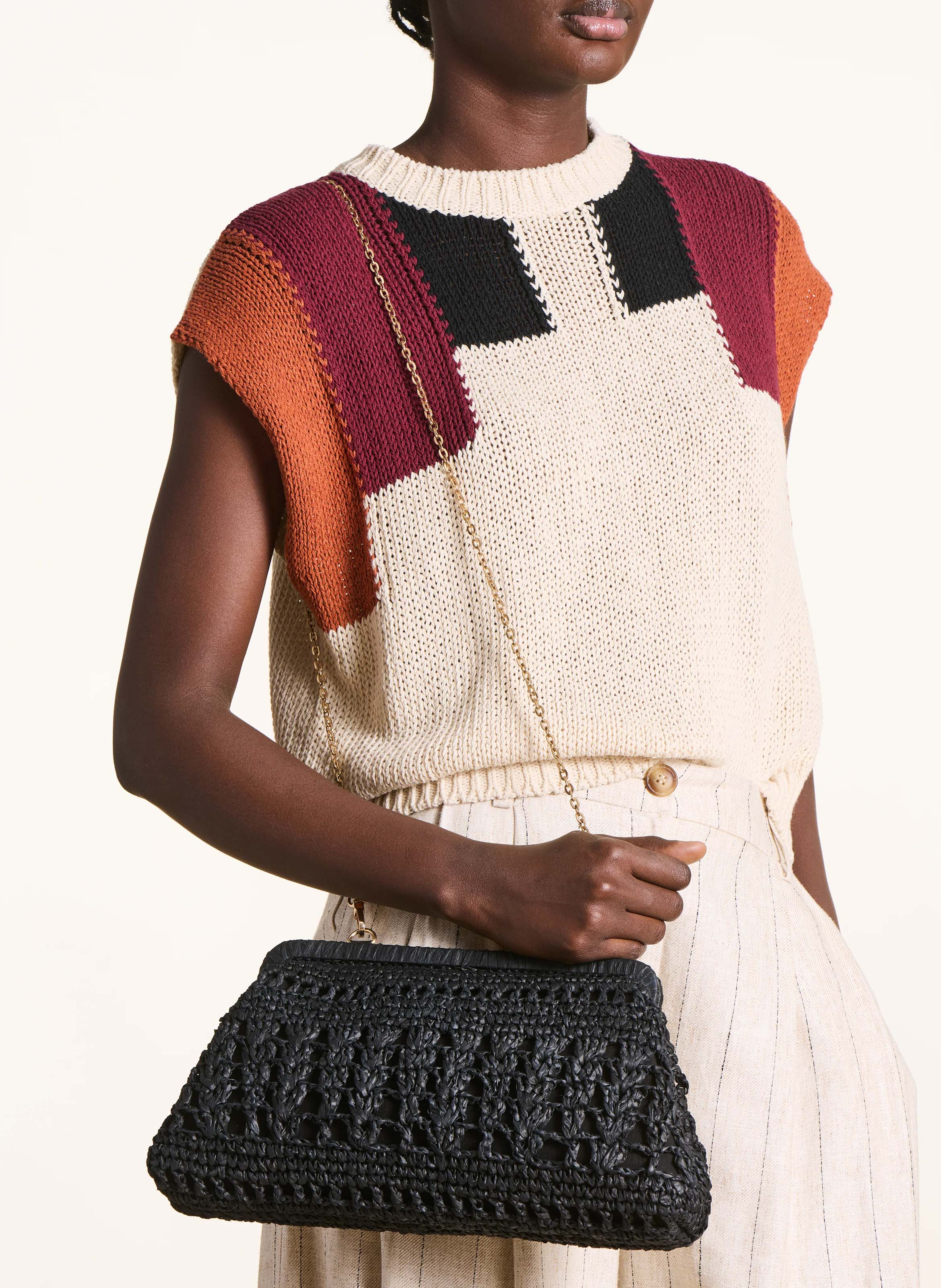 Sac besace en raphia LA FEE MARABOUTEE Noir