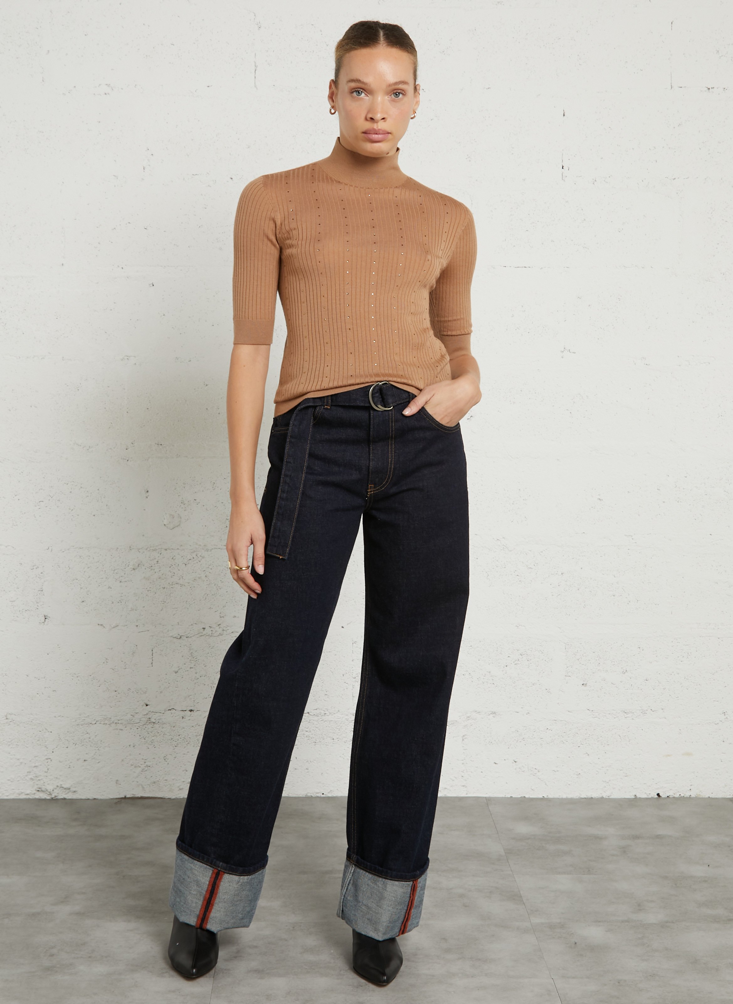Top manches courtes à strass en laine LIU JO Marron