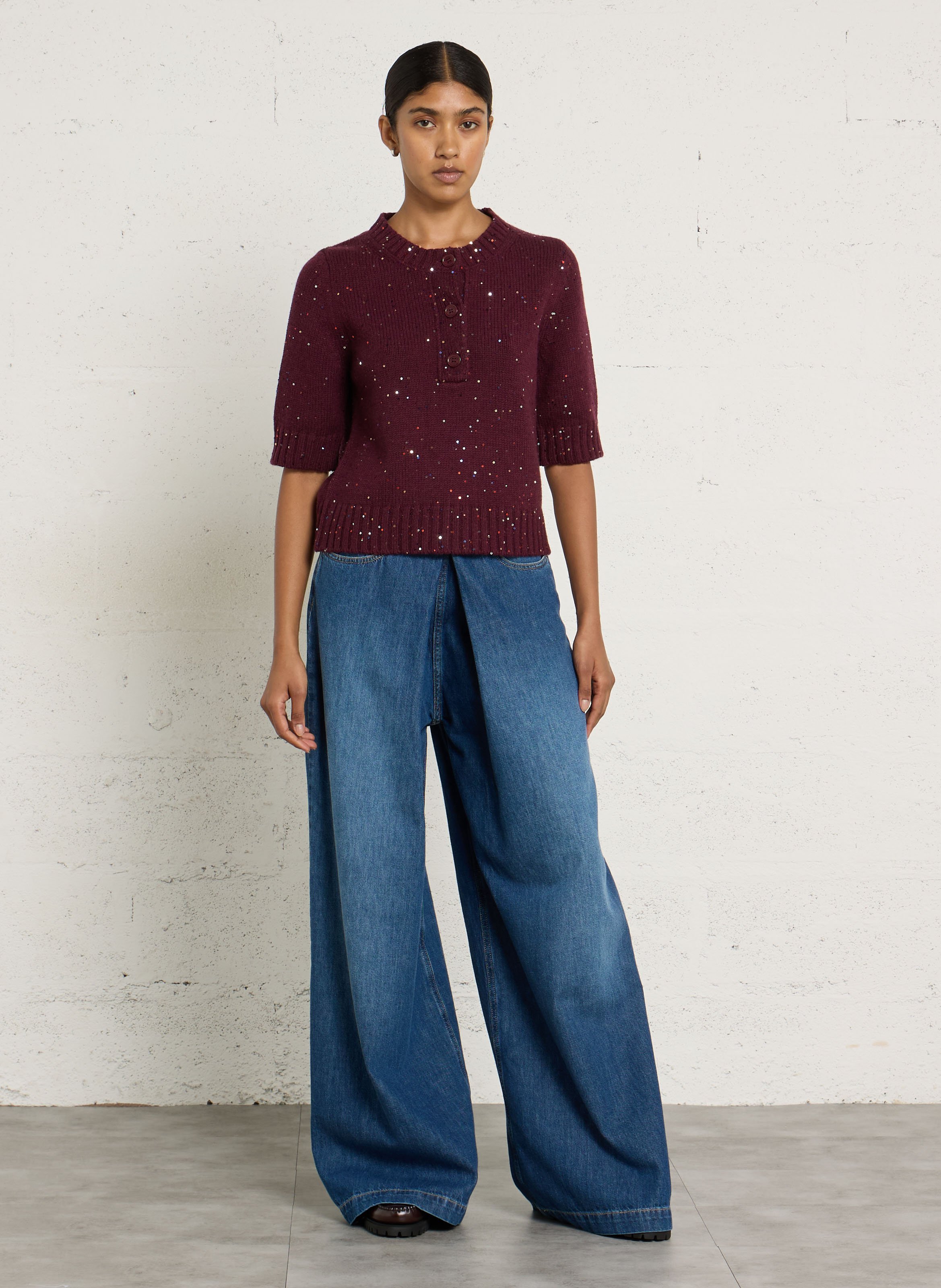 Pull manches courtes à sequins en laine BERENICE Prune