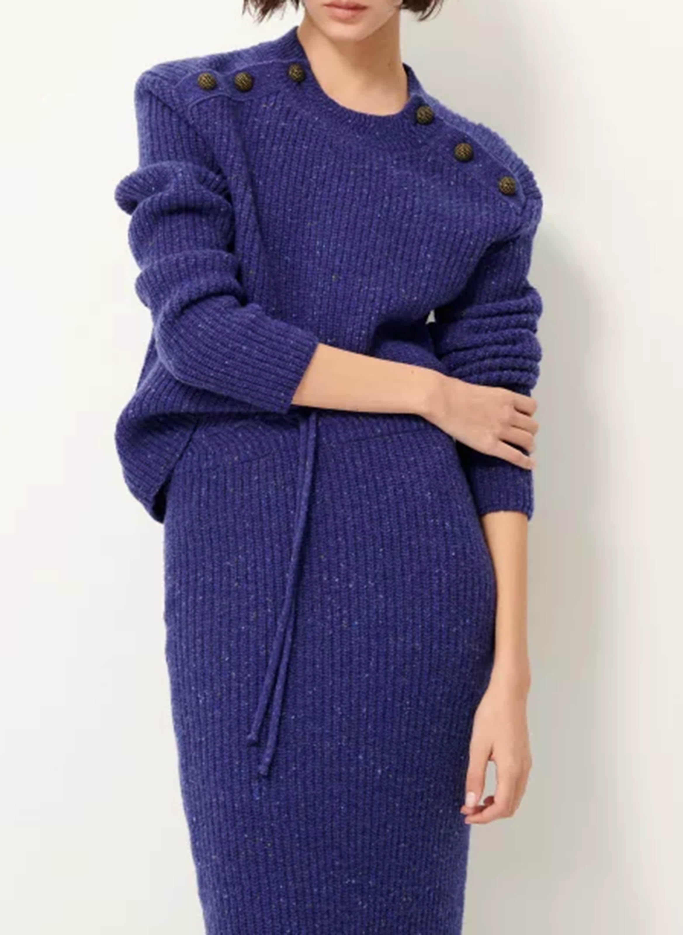 Blue Round neck wool blend straight cut sweater