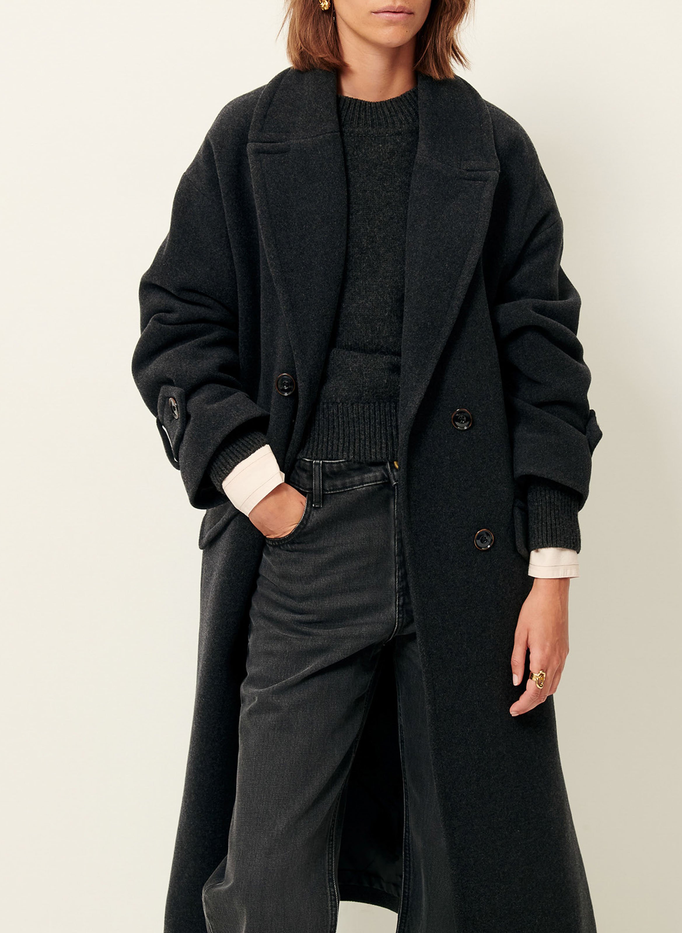 Straight-cut wool-blend coat with tailored collar SESSUN Grey