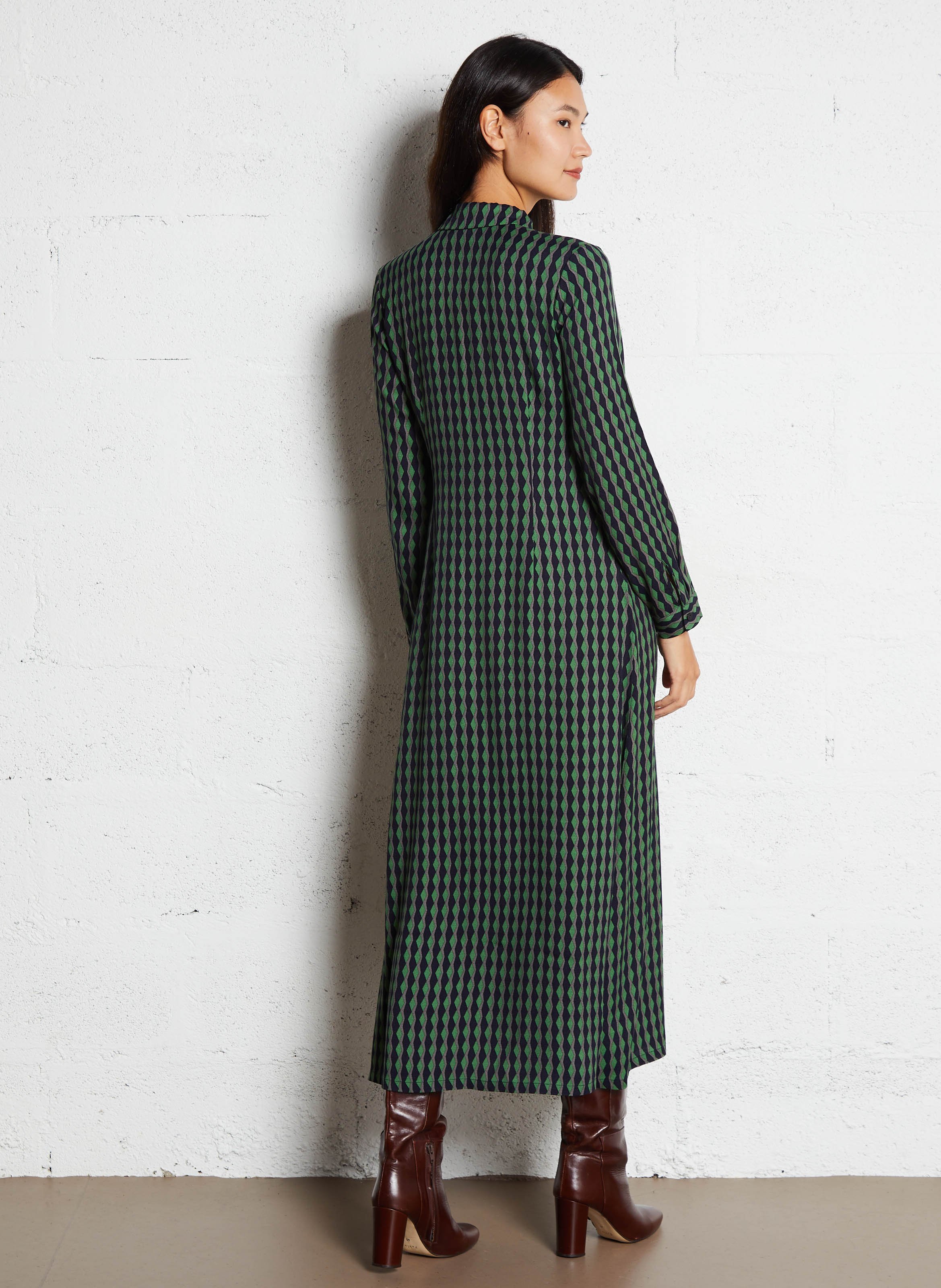 Long dress with classic collar and print NICE THINGS Green