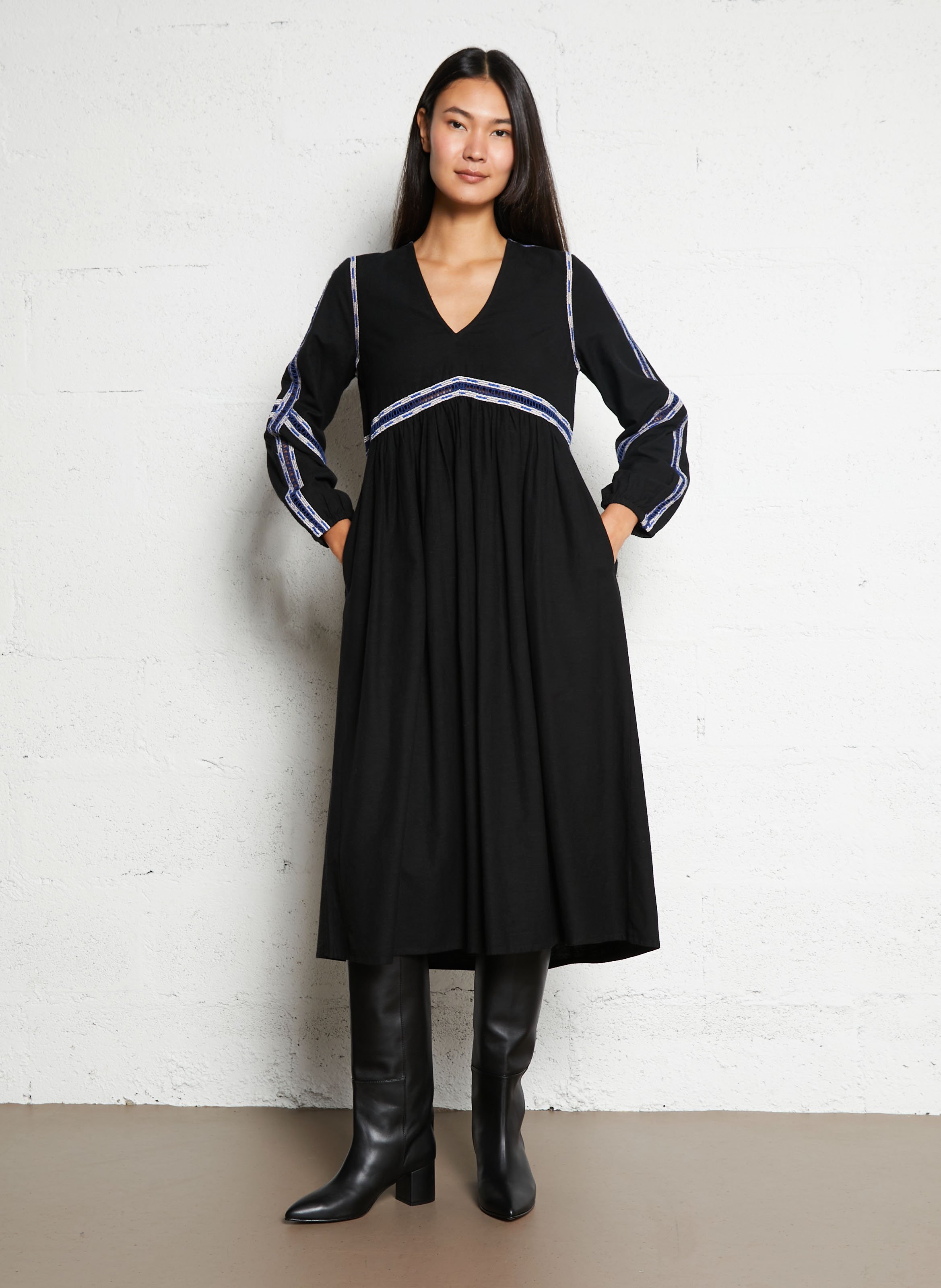 Halflange jurk met V-hals - katoenblend LEON & HARPER Zwart