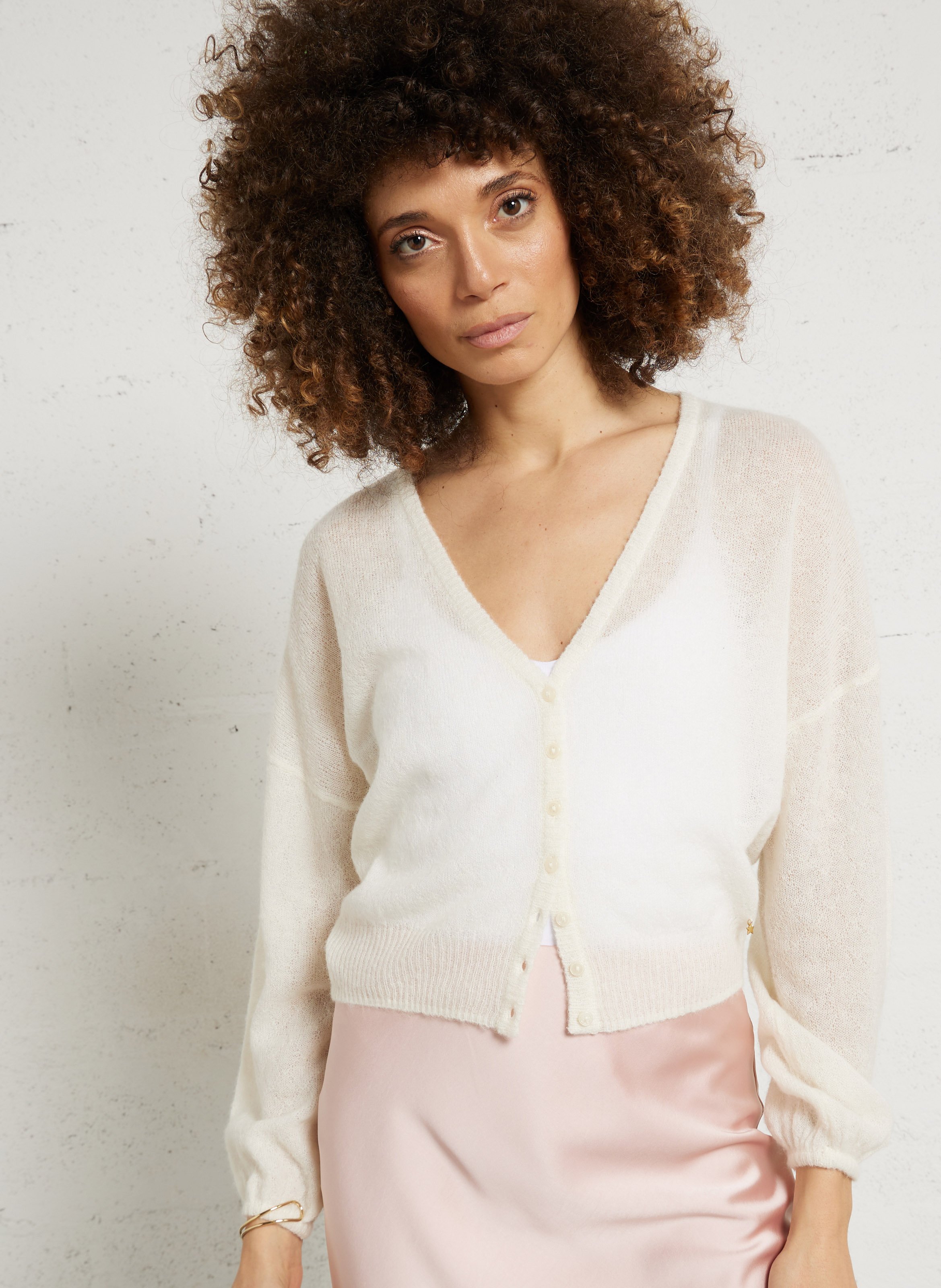 Gilet ample col V en laine mélangée DES PETITS HAUTS Beige