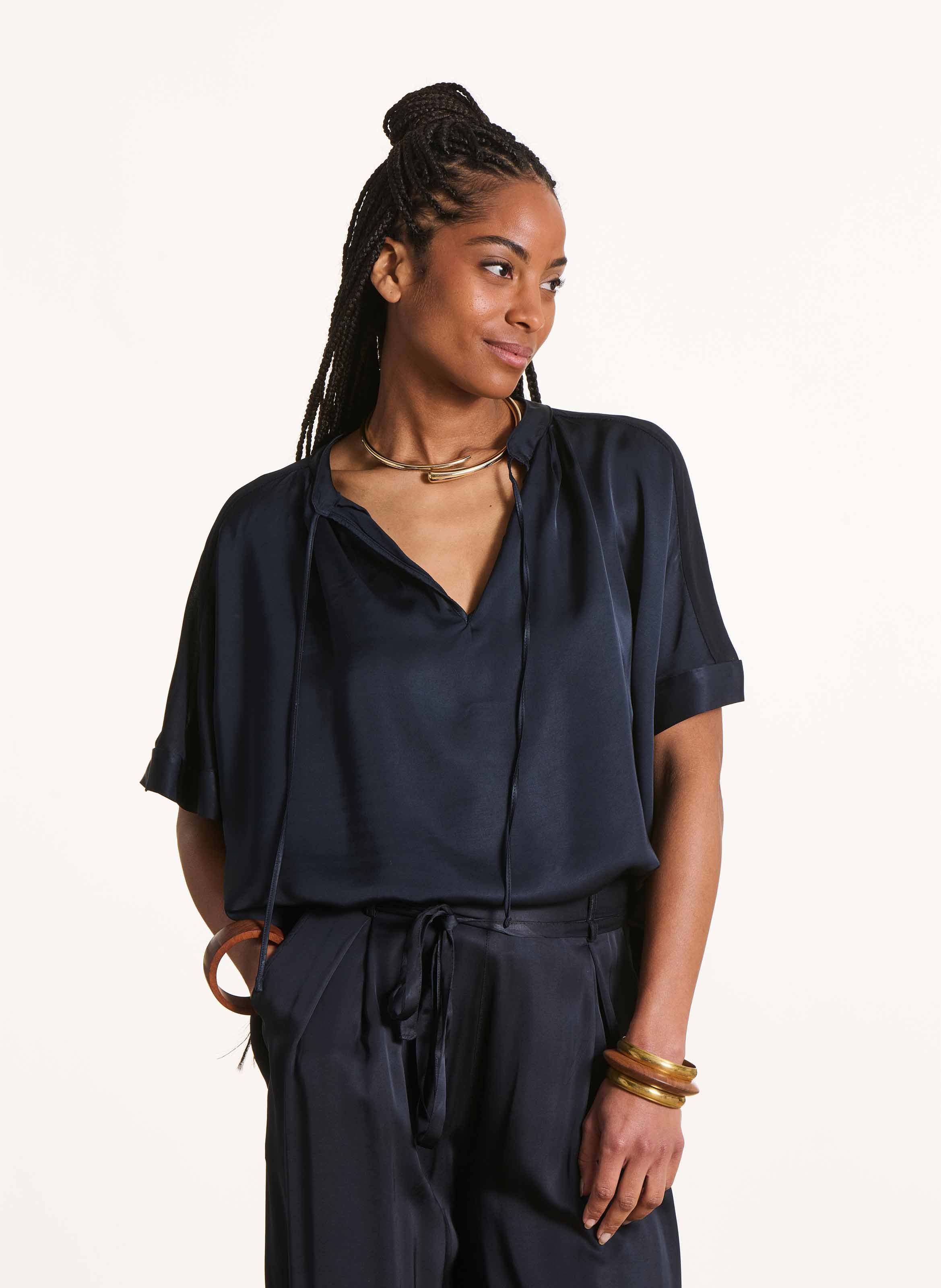 Blouse ample col tunisien LA FEE MARABOUTEE Bleu