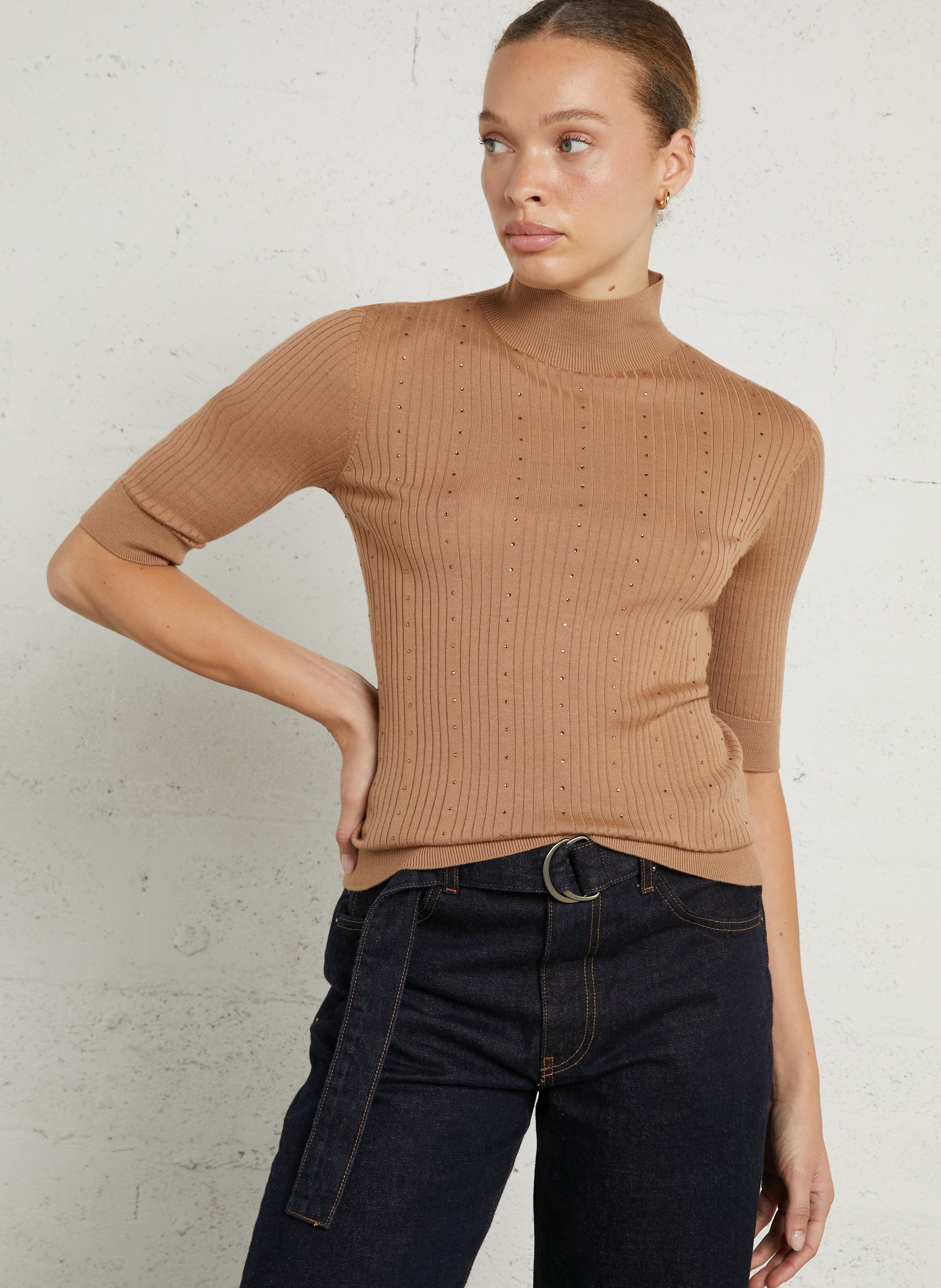 Top manches courtes à strass en laine LIU JO Marron