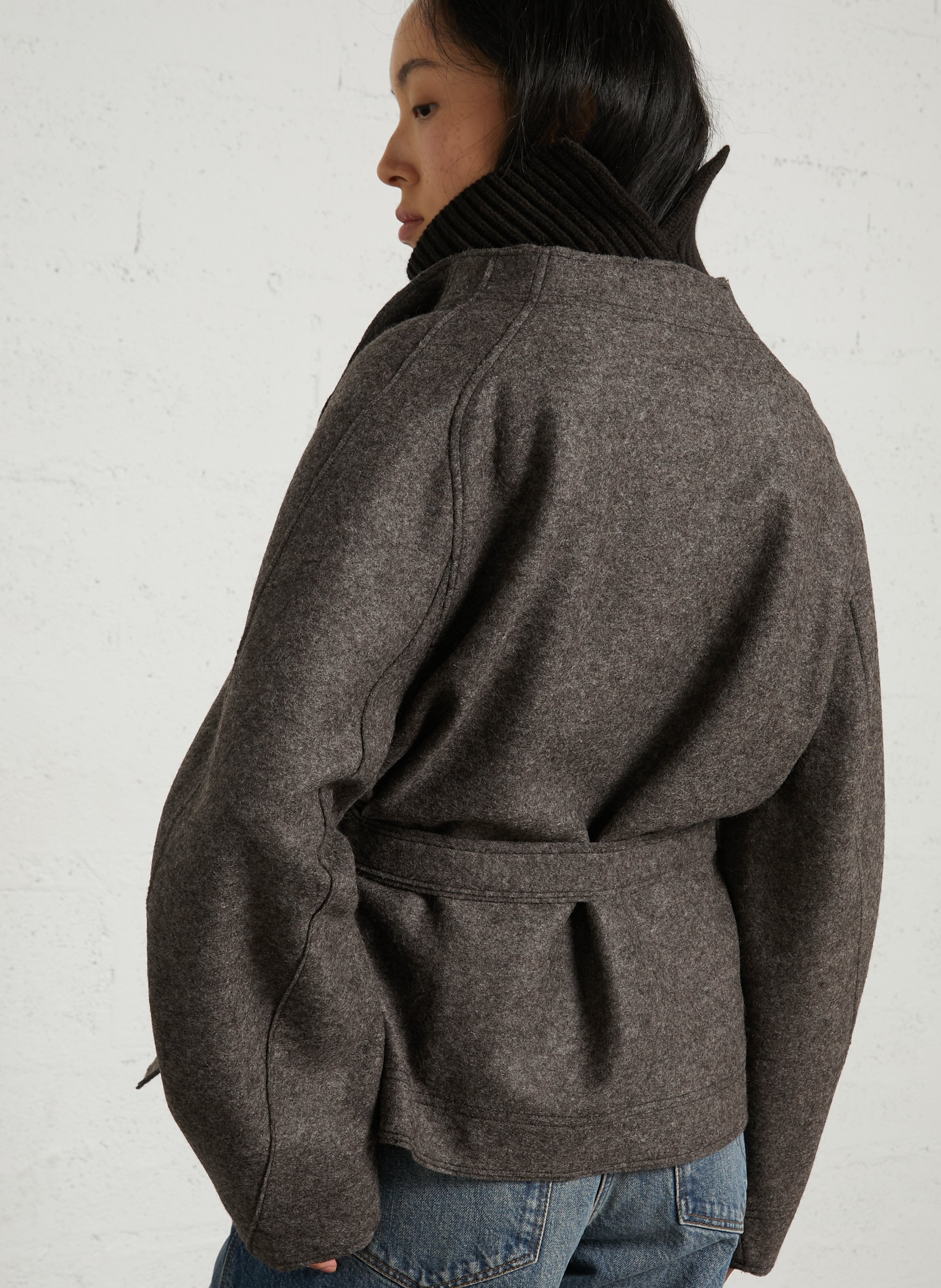 Veste droite à ceinture en laine SOEUR Marron