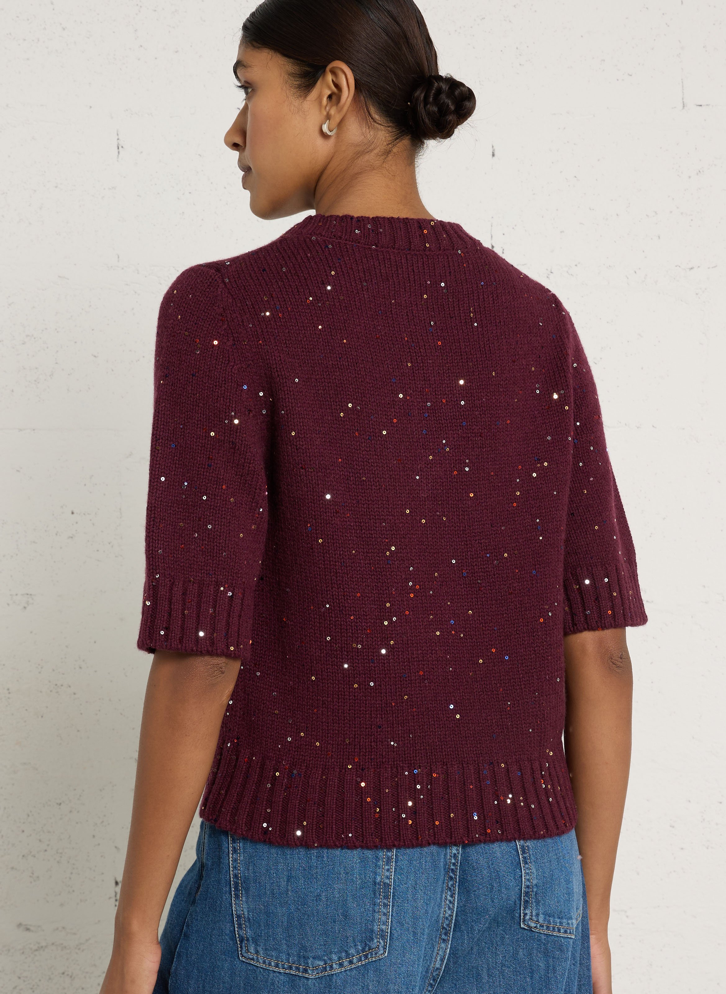 Pull manches courtes à sequins en laine BERENICE Prune