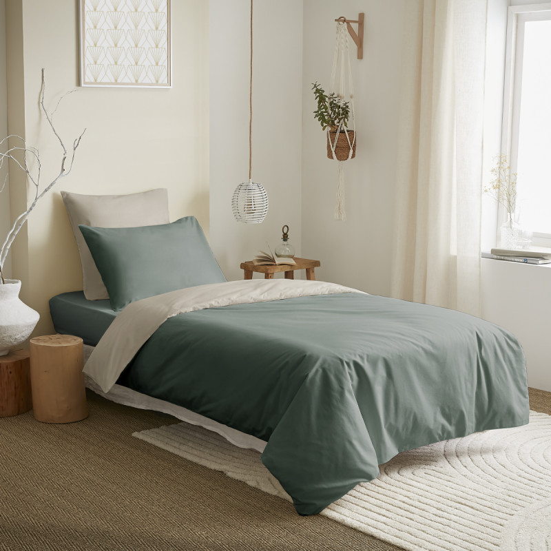 Complete 4-piece eucalyptus/lin reversible duvet cover set for a 90 x 190 cm bed COTON PUR Beige