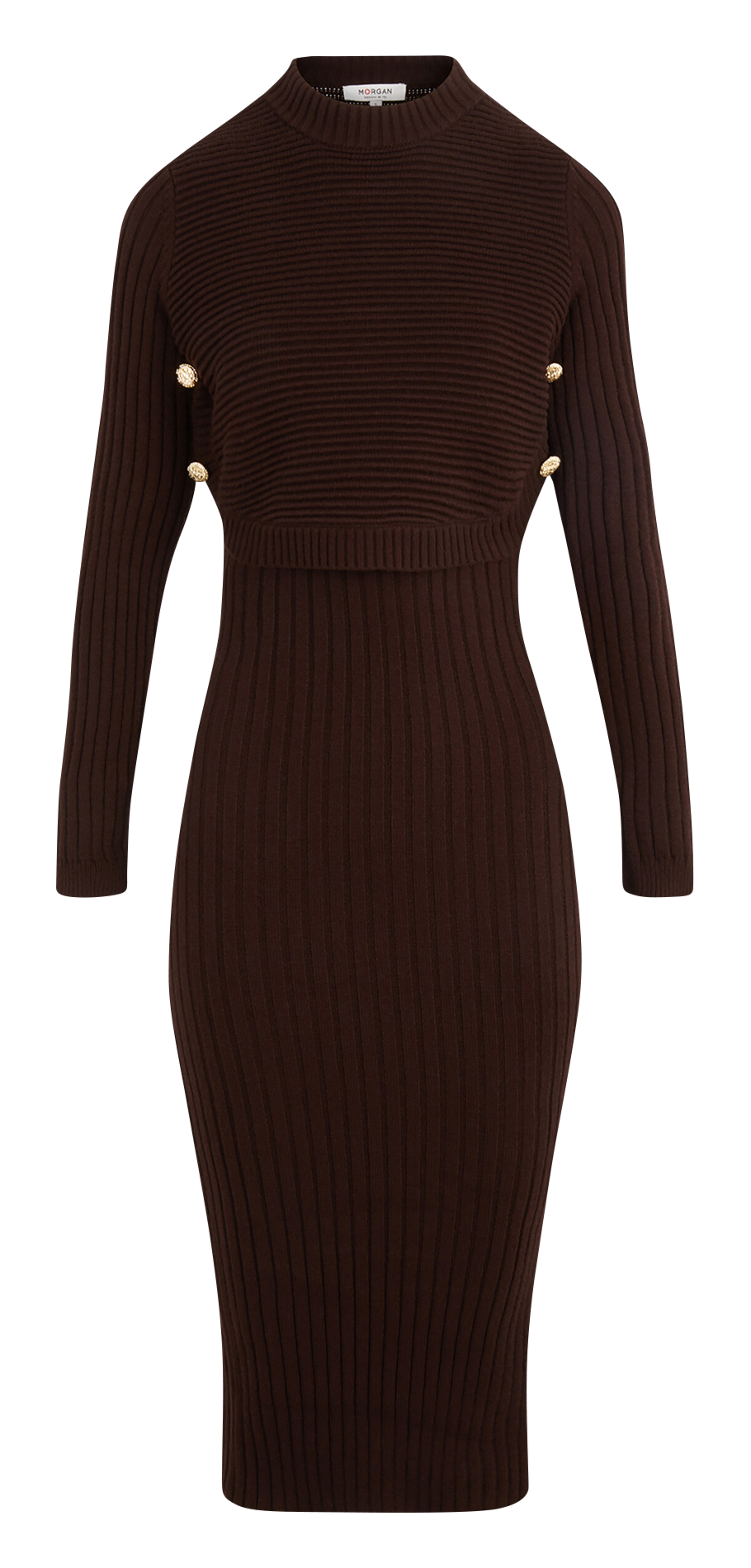 Robe midi col rond en maille MORGAN Marron