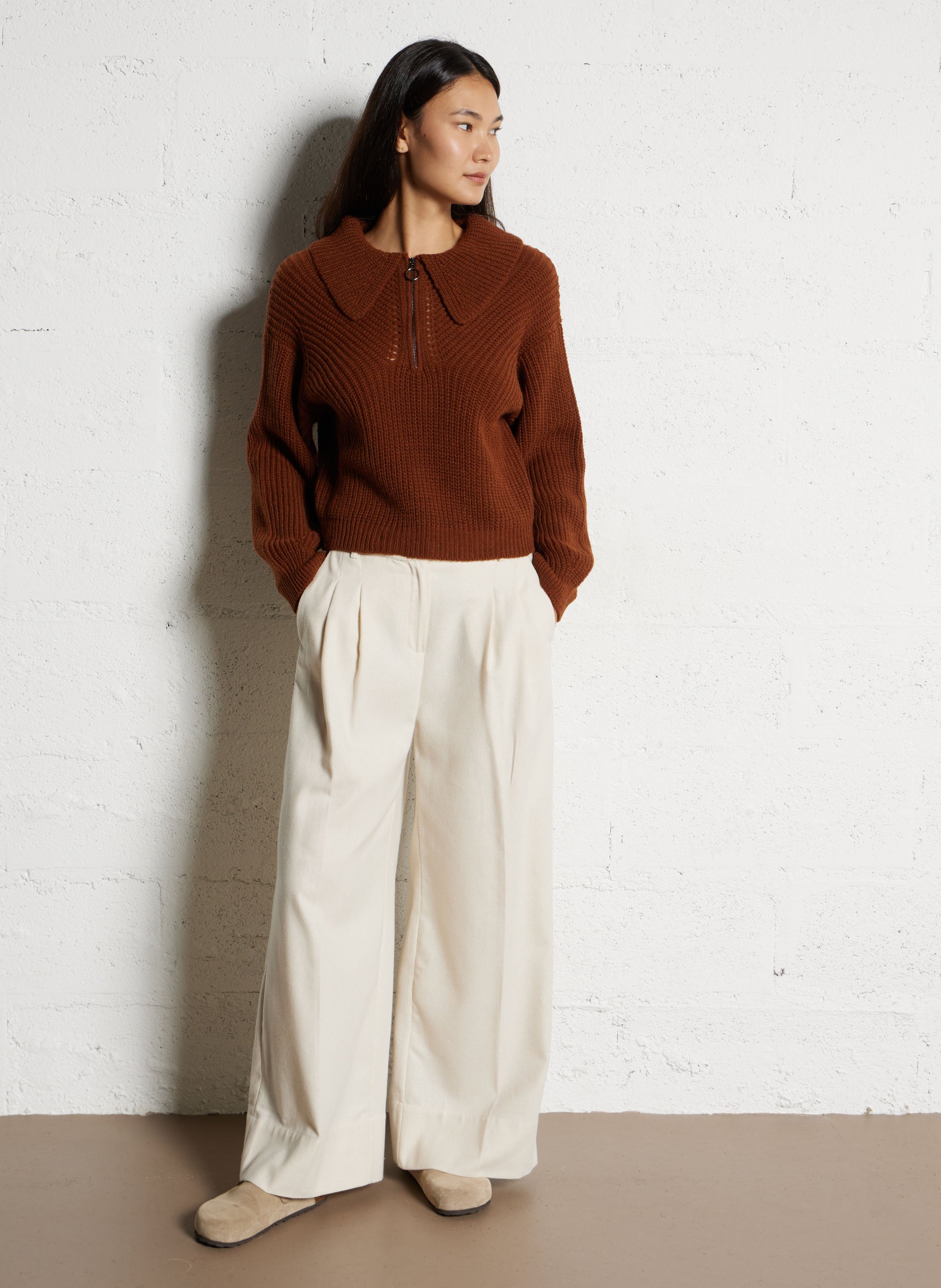 Pull oversize col classique en laine mélangée TINSELS Marron