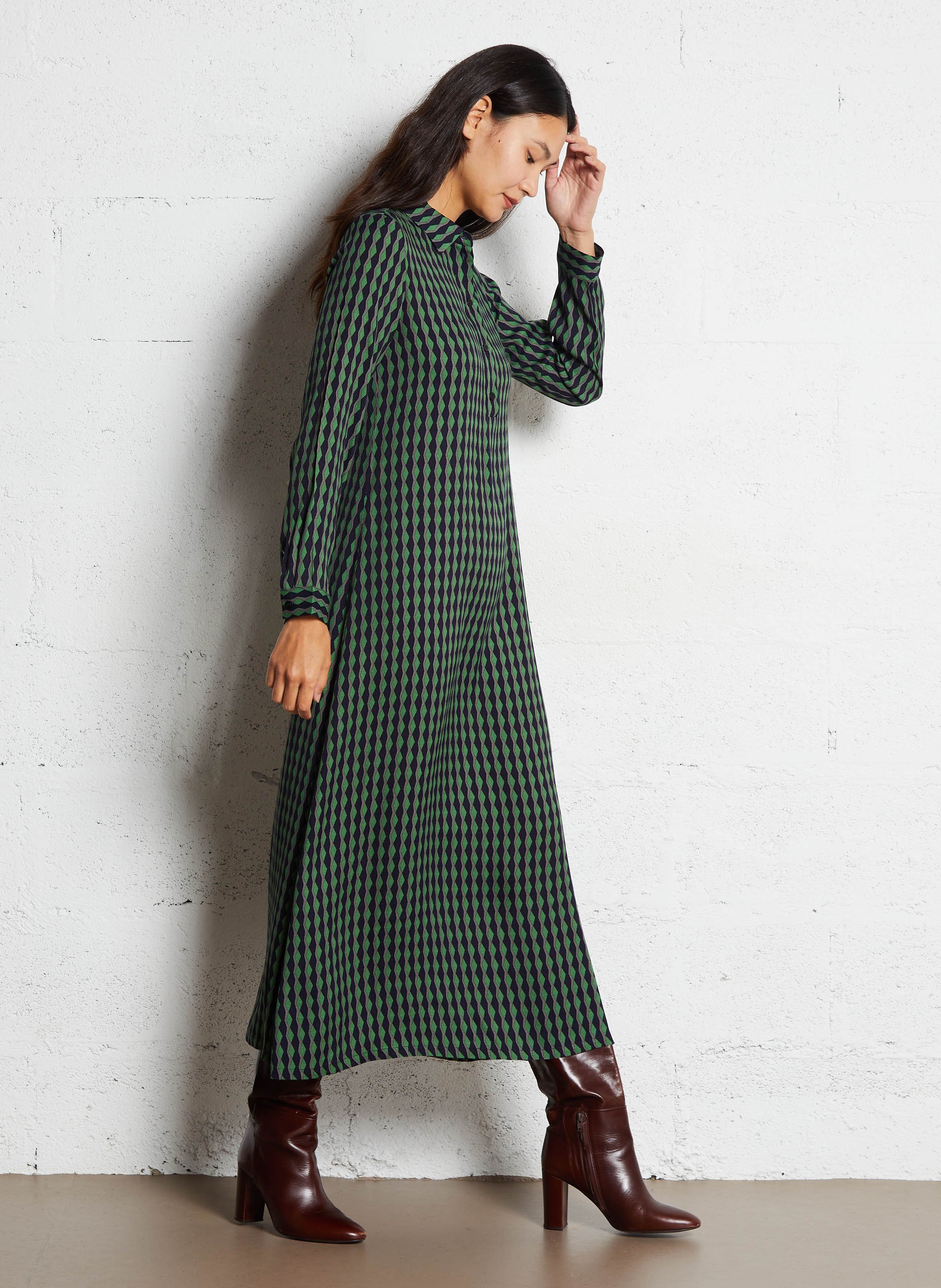 Long dress with classic collar and print NICE THINGS Green