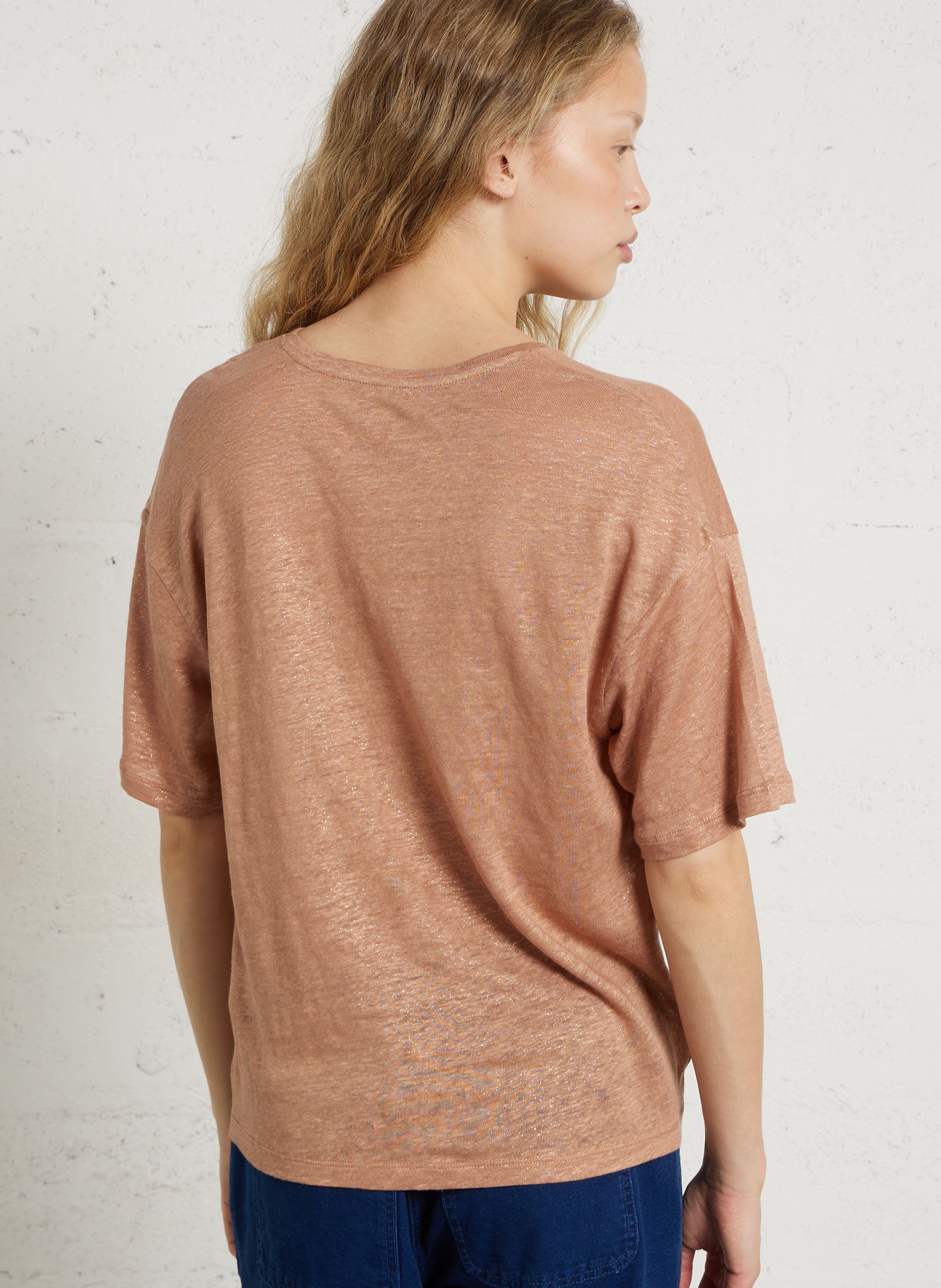 T-Shirt mit V-Ausschnitt und Pailletten aus Leinen DES PETITS HAUTS Braun