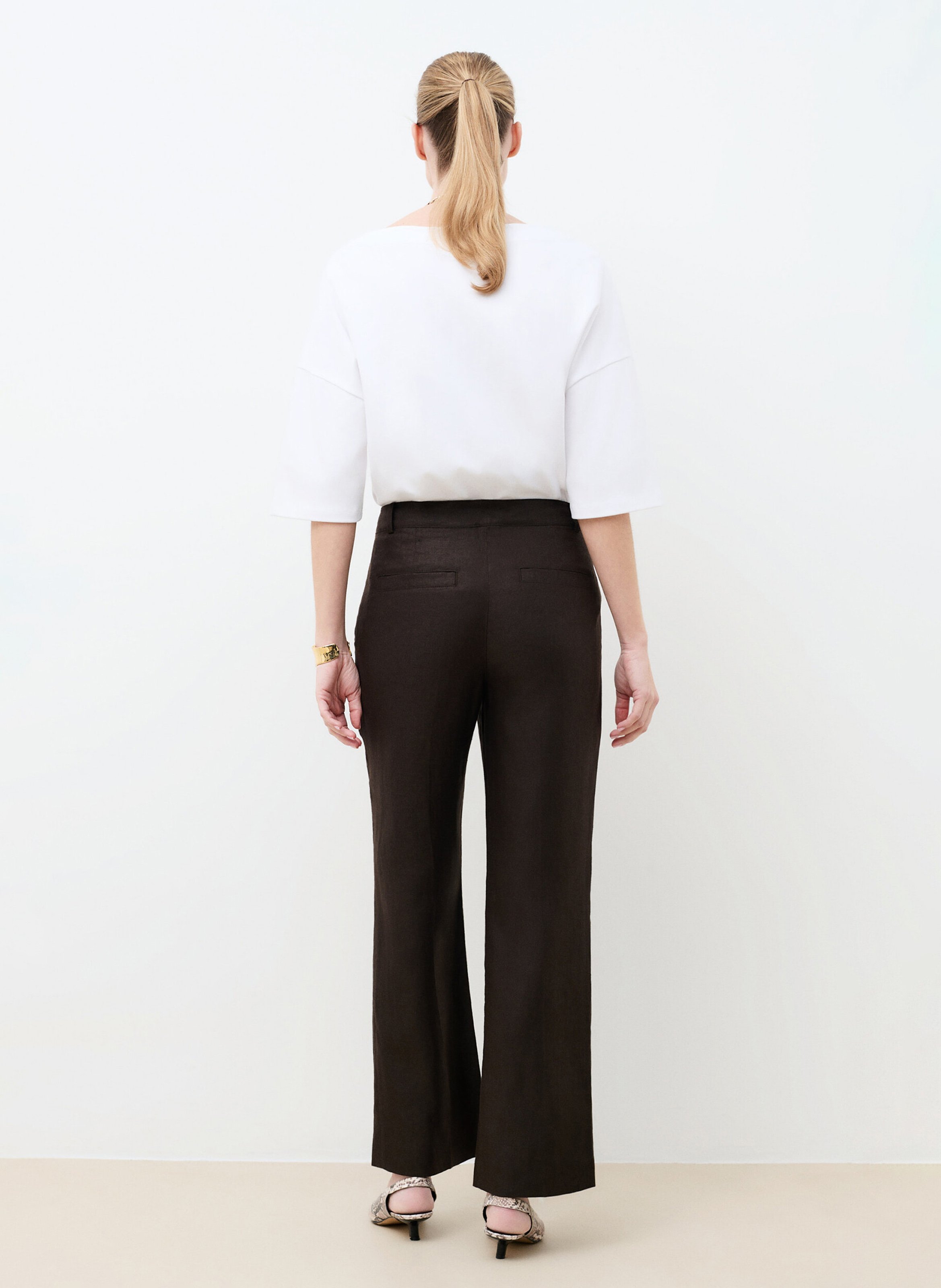 Pantalon bootcut taille haute en lin CAROLL Marron