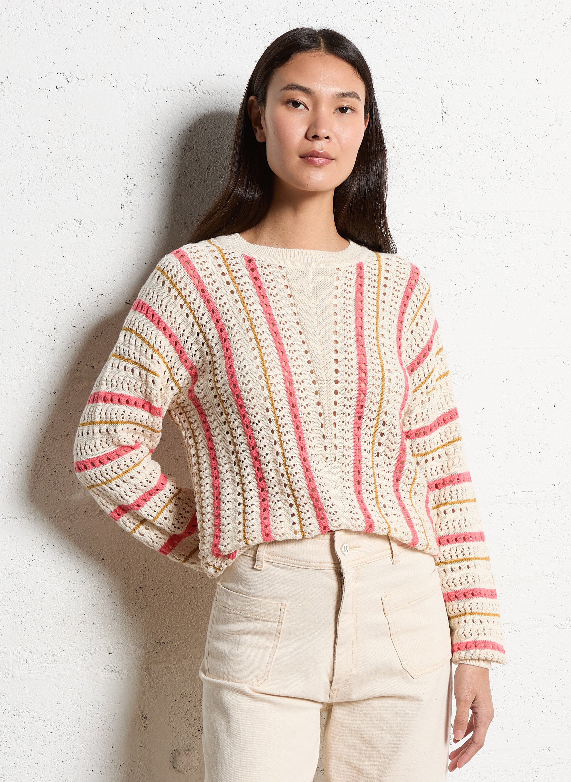 Pull col rond en coton mélangé VILA Beige