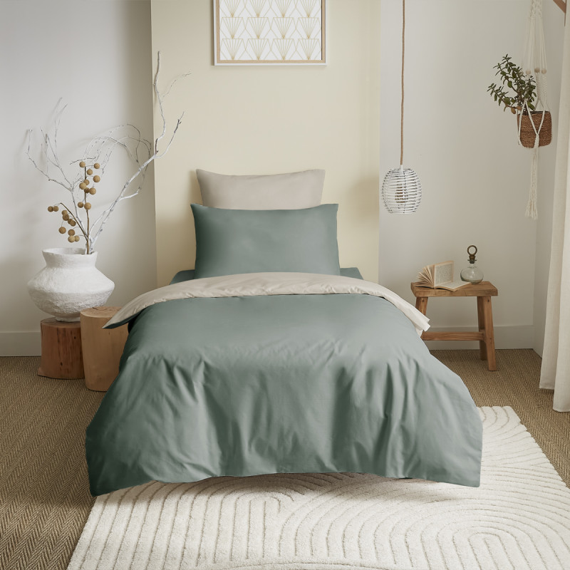 Complete 4-piece eucalyptus/lin reversible duvet cover set for a 90 x 190 cm bed COTON PUR Beige