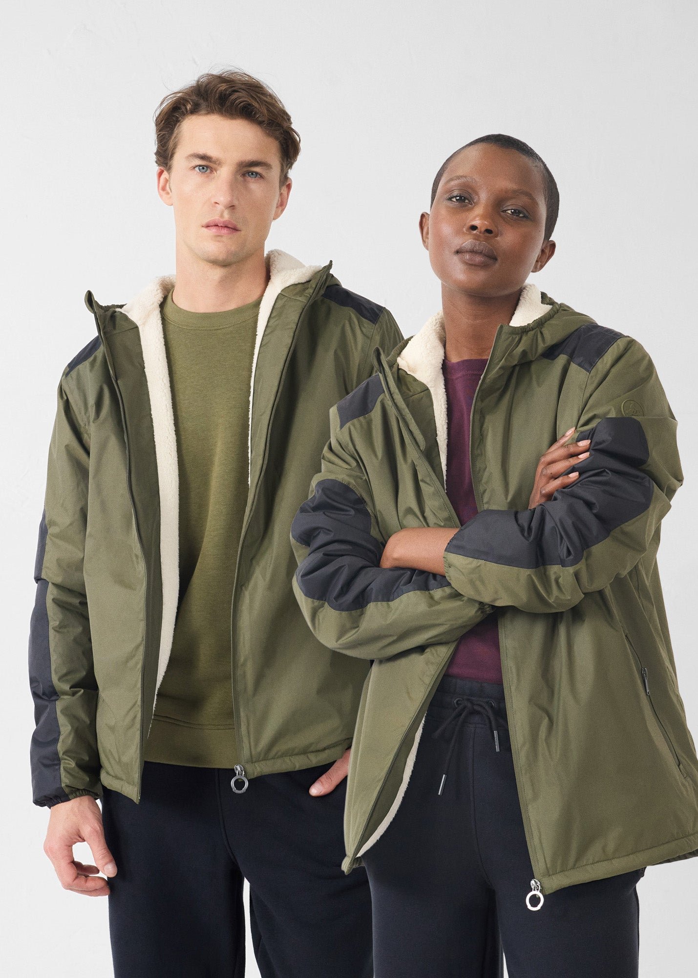 Sherpa-lined waterproof coat. JOTT Green